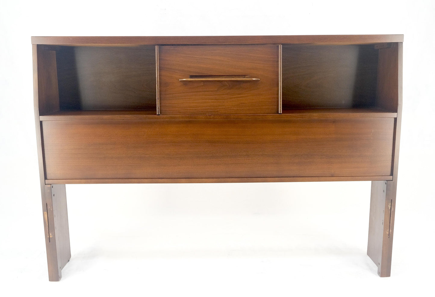 EstablishedLines 1970s Oiled Walnut Storage Compartment Wedge Shape Full Size HeadBoard Bed MINT