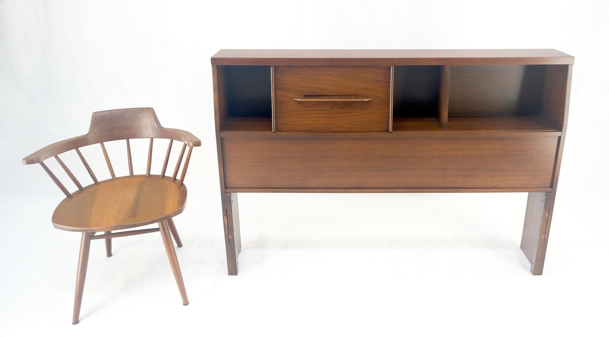 EstablishedLines 1970s Oiled Walnut Storage Compartment Wedge Shape Full Size HeadBoard Bed MINT