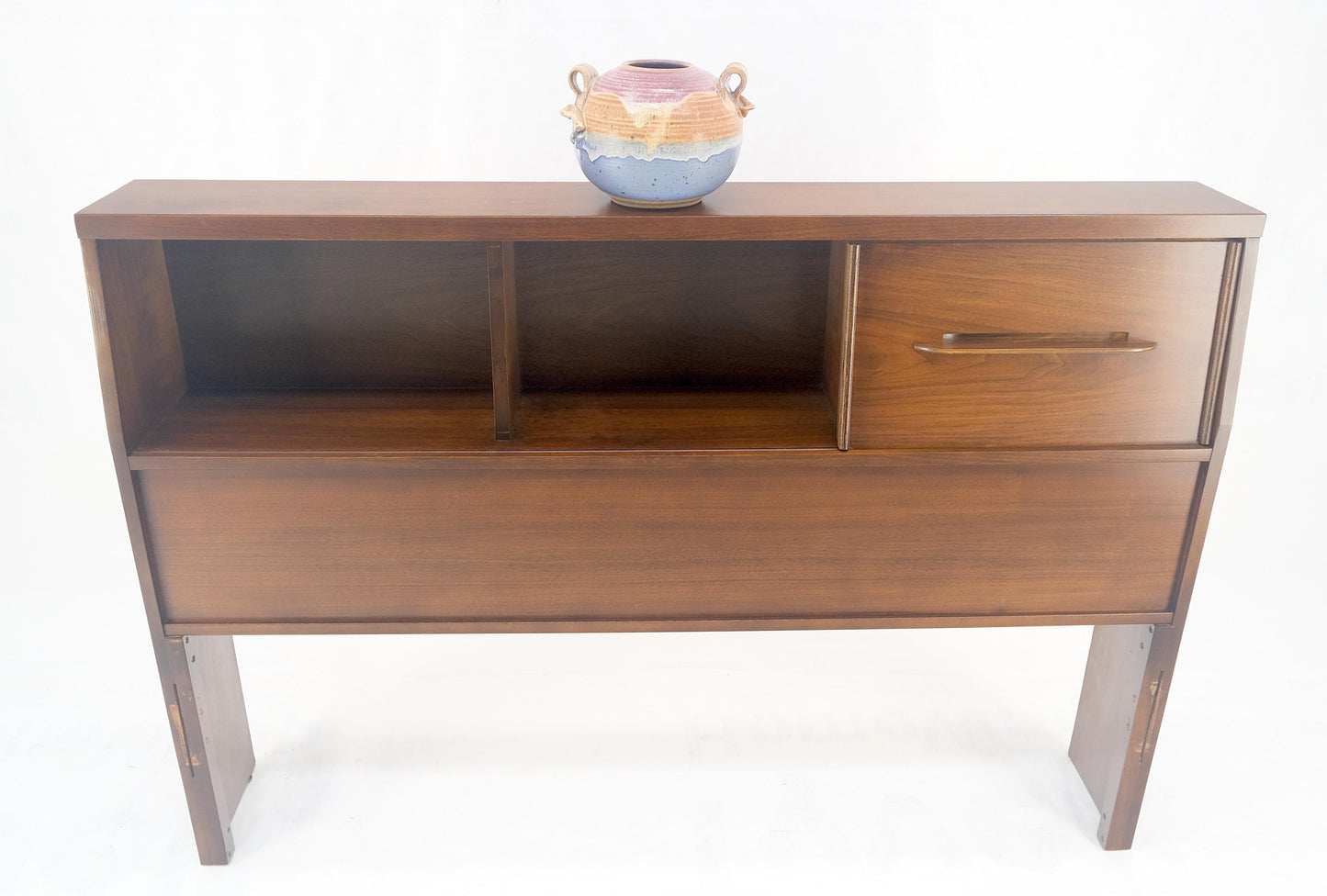 EstablishedLines 1970s Oiled Walnut Storage Compartment Wedge Shape Full Size HeadBoard Bed MINT