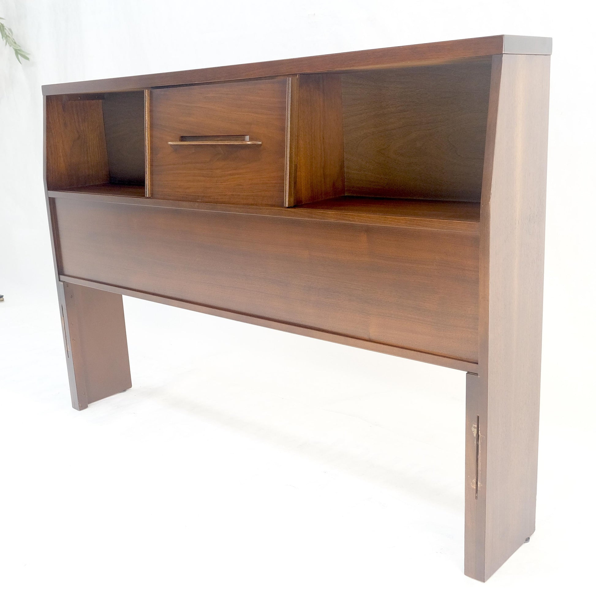 EstablishedLines 1970s Oiled Walnut Storage Compartment Wedge Shape Full Size HeadBoard Bed MINT