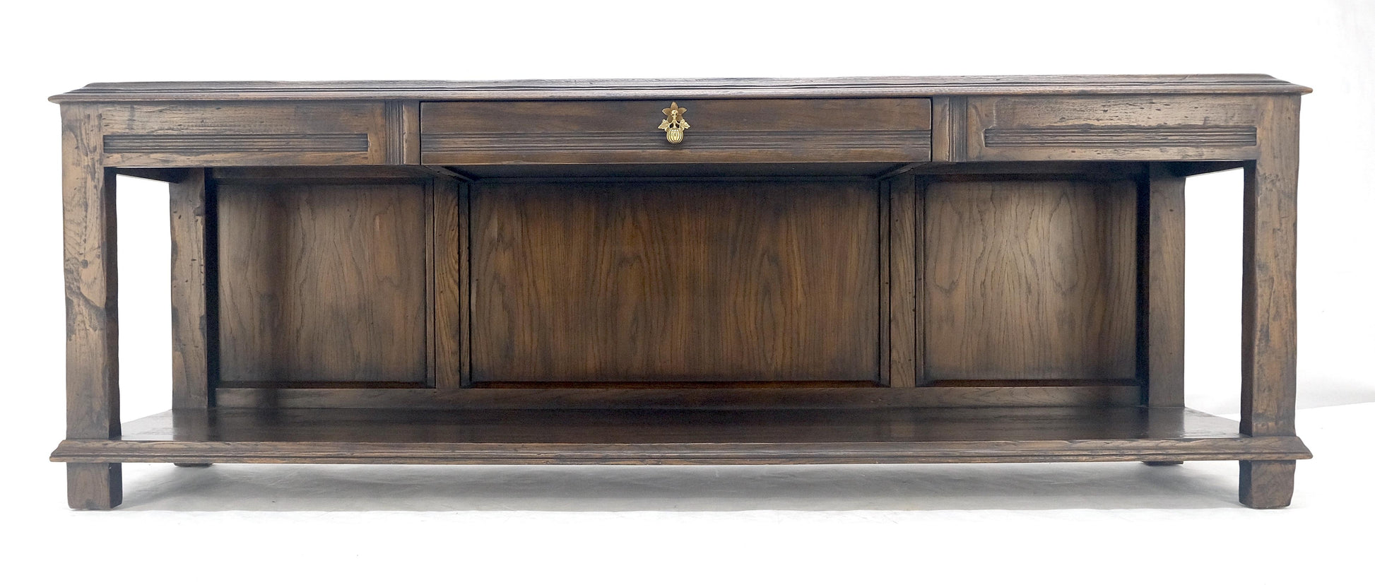 EstablishedLines Finished Back Solid Oak c1970s 78" Long One Drawer Console Sofa Table MINT