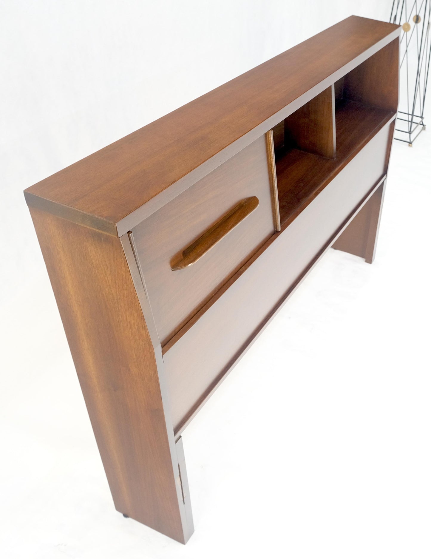 EstablishedLines 1970s Oiled Walnut Storage Compartment Wedge Shape Full Size HeadBoard Bed MINT