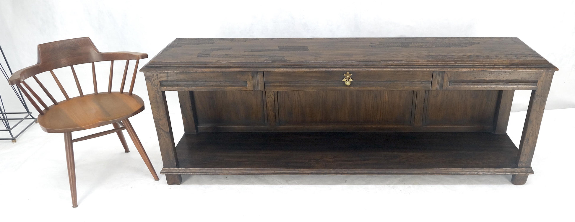 EstablishedLines Finished Back Solid Oak c1970s 78" Long One Drawer Console Sofa Table MINT