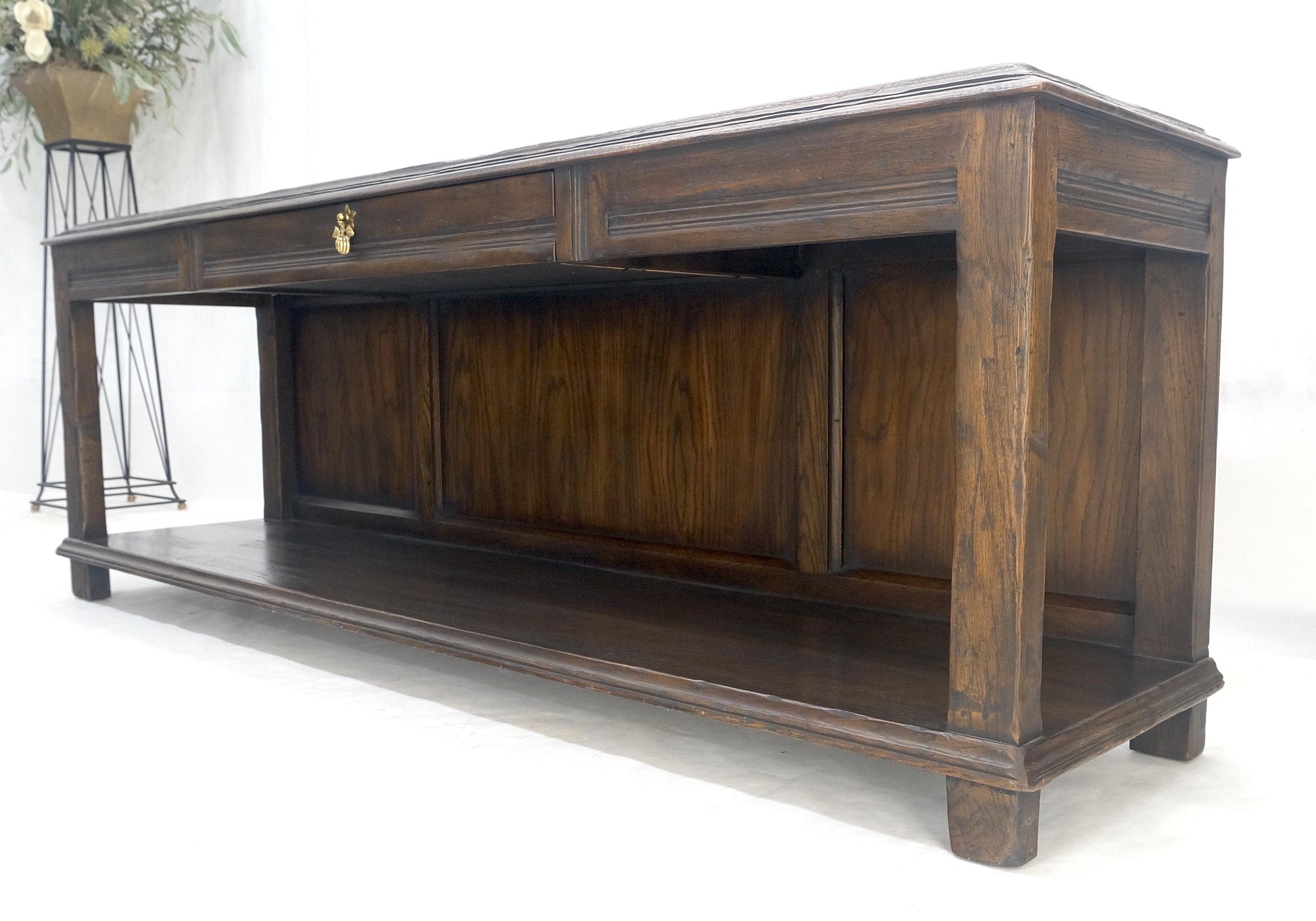 EstablishedLines Finished Back Solid Oak c1970s 78" Long One Drawer Console Sofa Table MINT