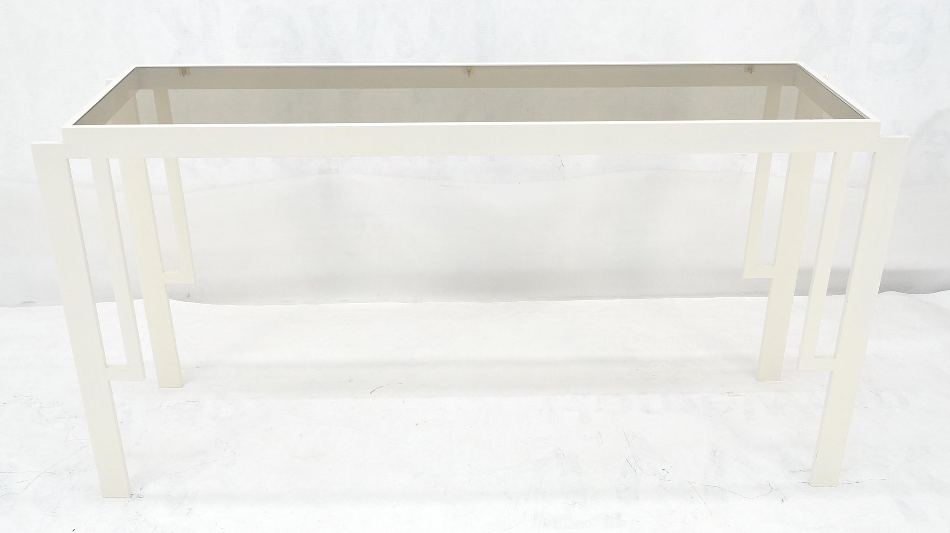 EstablishedLines White Enamel Base Frame  Smoked Glass 54" Mid Century Console Sofa Table MINT