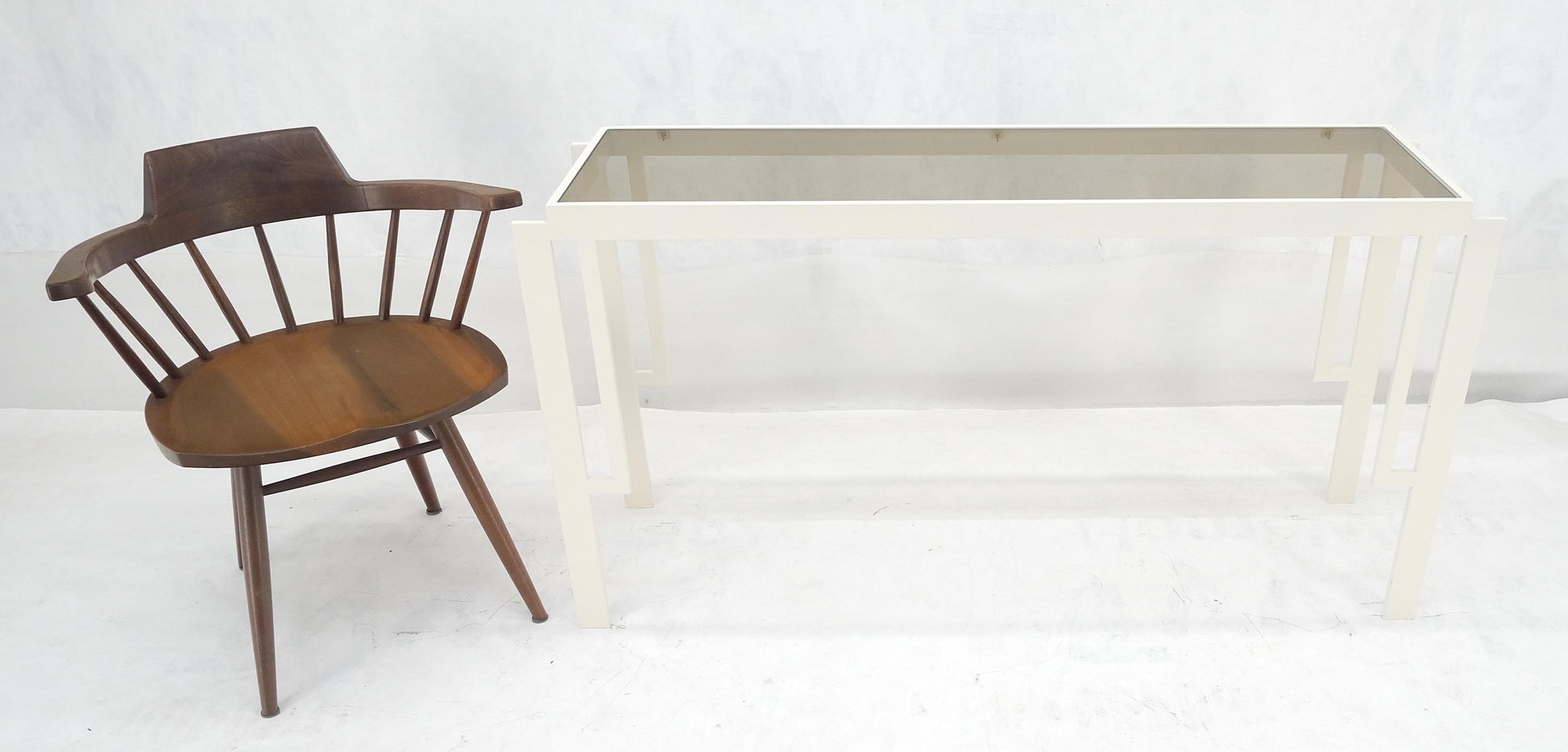 EstablishedLines White Enamel Base Frame  Smoked Glass 54" Mid Century Console Sofa Table MINT
