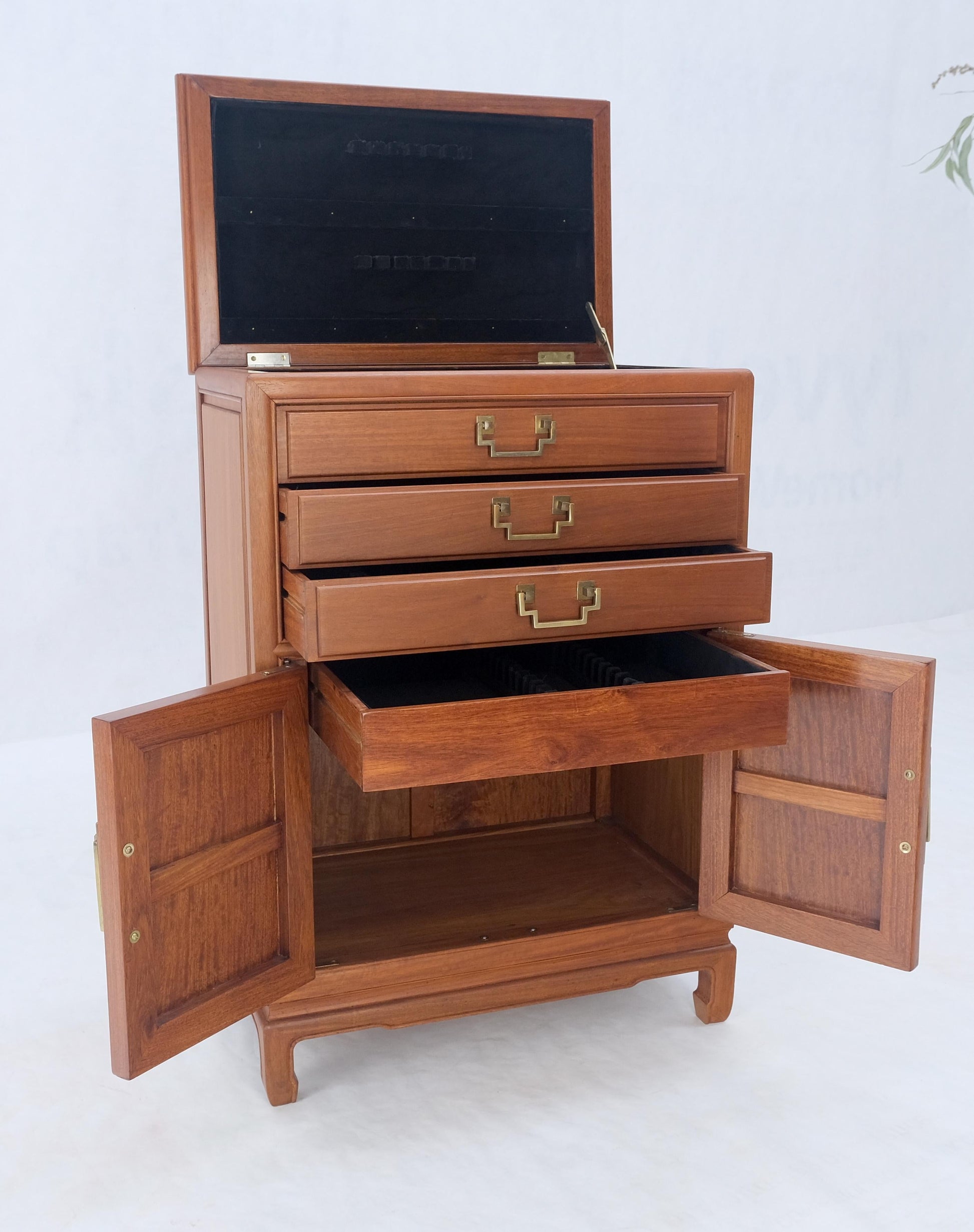 EstablishedLines Solid Teak Brass Bracket Shape Heavy Drop Pulls Lift Top Two Doors Silver Chest