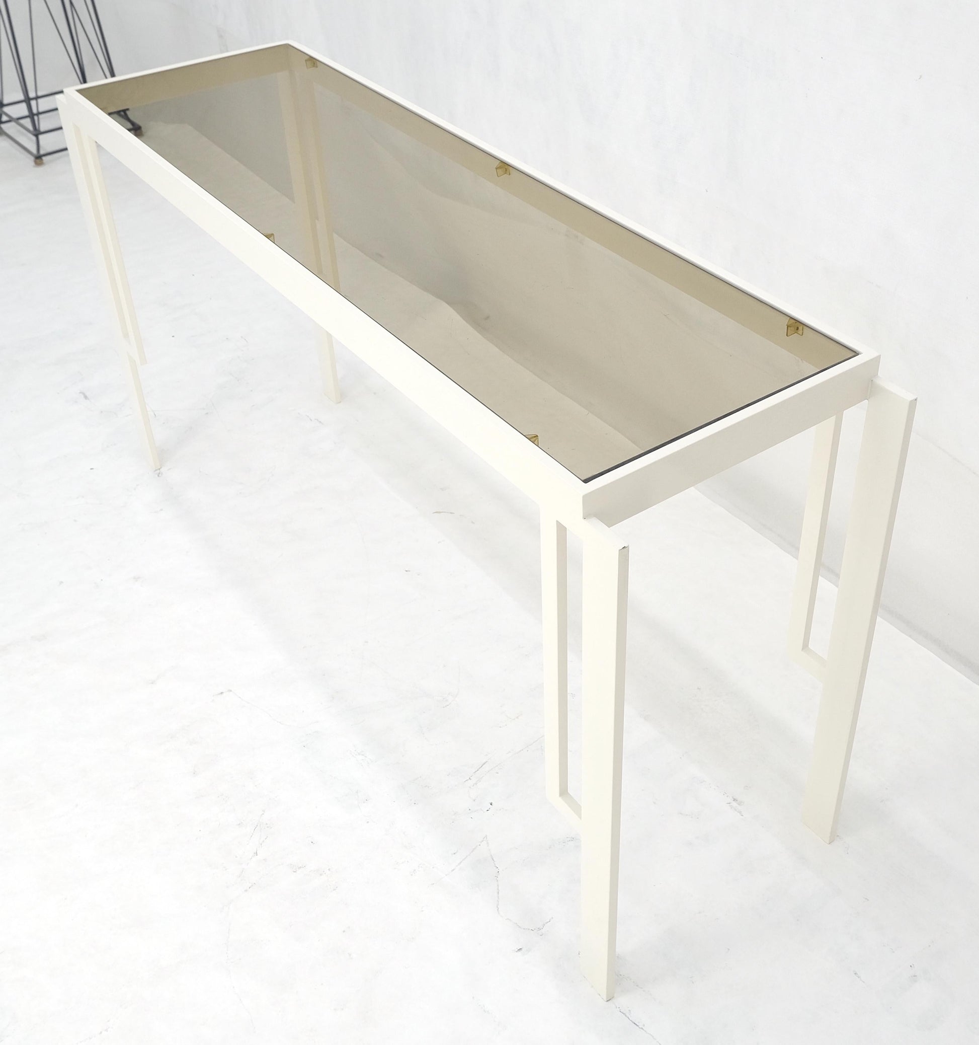 EstablishedLines White Enamel Base Frame  Smoked Glass 54" Mid Century Console Sofa Table MINT