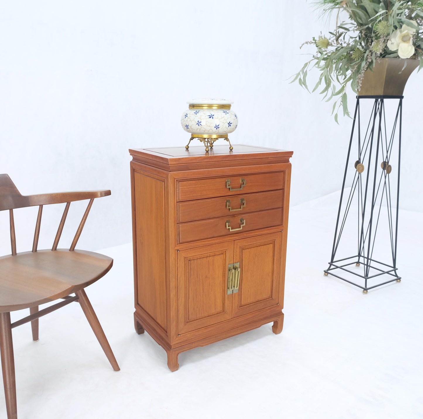 EstablishedLines Solid Teak Brass Bracket Shape Heavy Drop Pulls Lift Top Two Doors Silver Chest