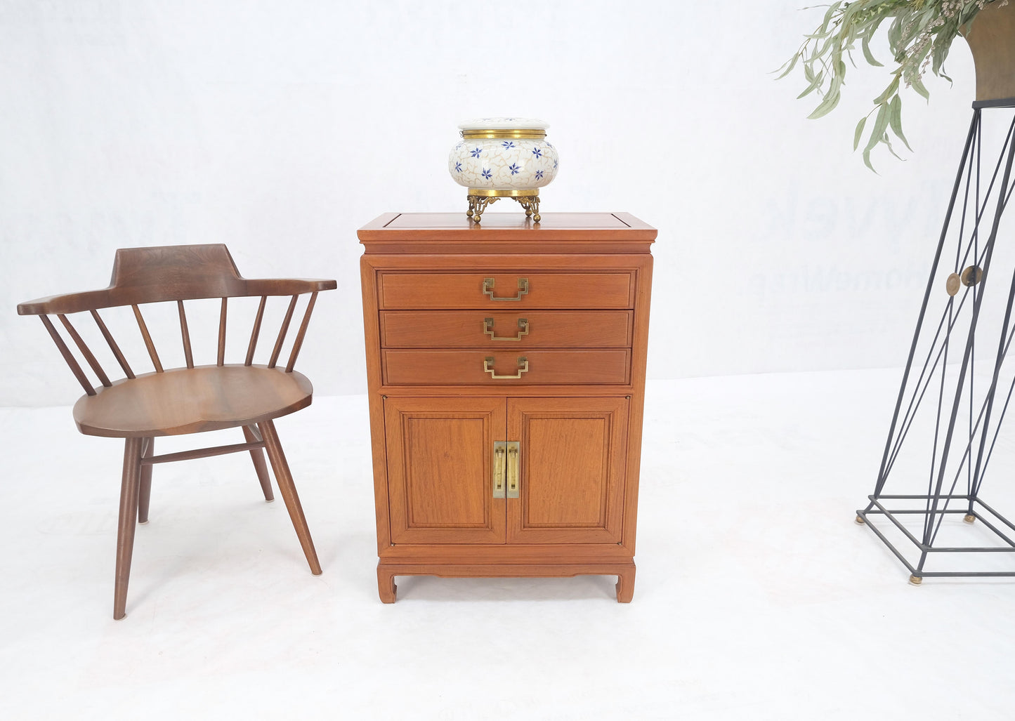 EstablishedLines Solid Teak Brass Bracket Shape Heavy Drop Pulls Lift Top Two Doors Silver Chest