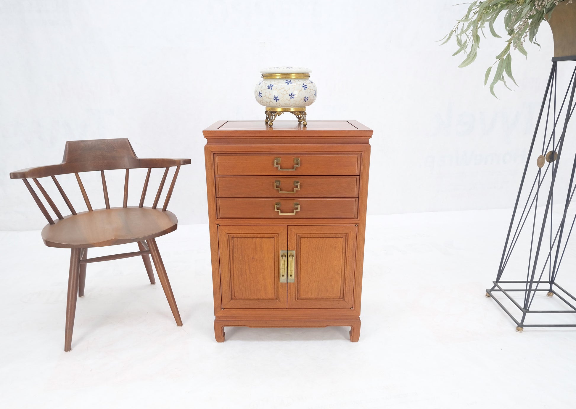 EstablishedLines Solid Teak Brass Bracket Shape Heavy Drop Pulls Lift Top Two Doors Silver Chest