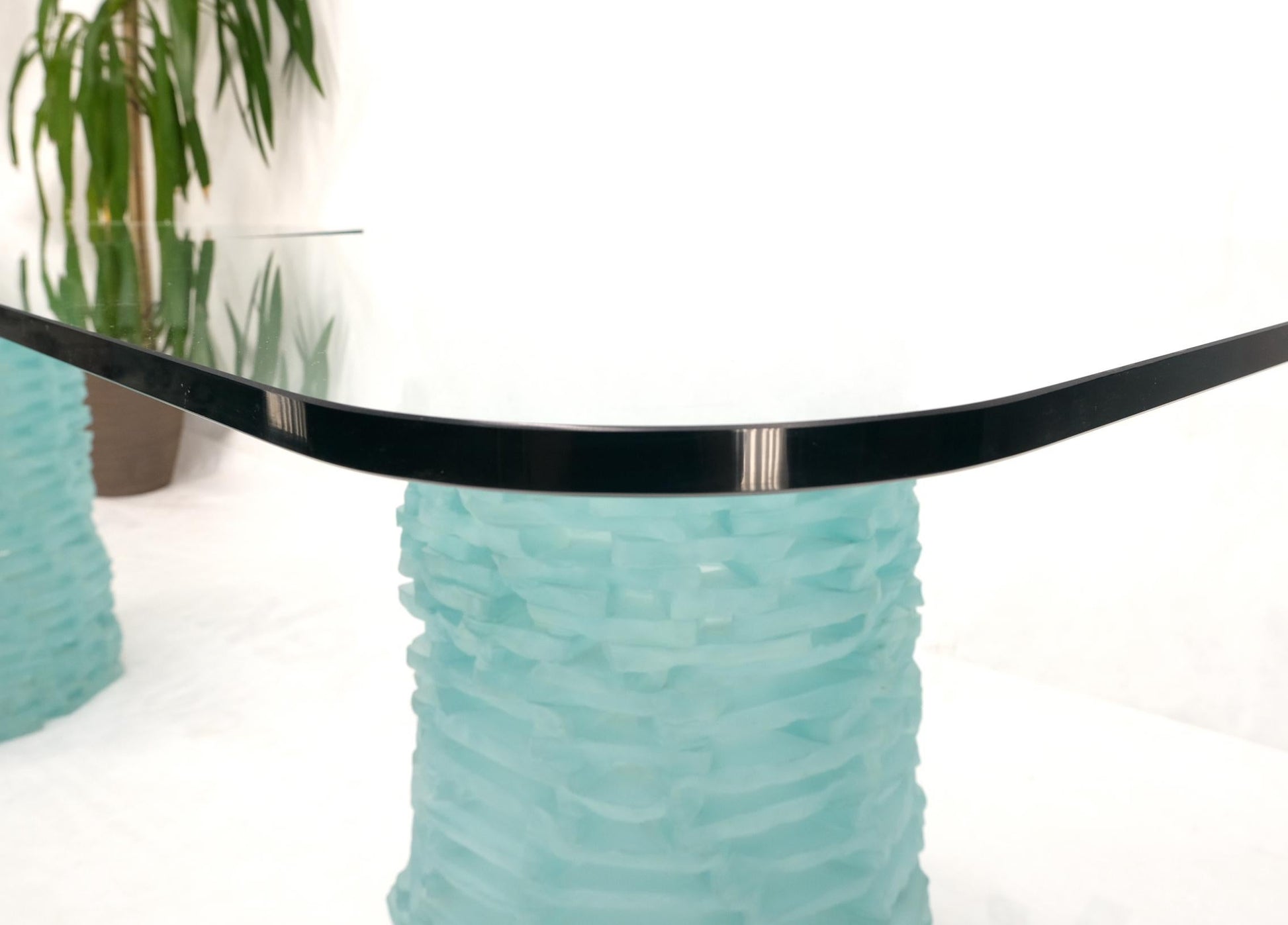 EstablishedLines Pair of Fused Glass Blocks Pedestal Bases Rounded Square Tops Dining Game Table