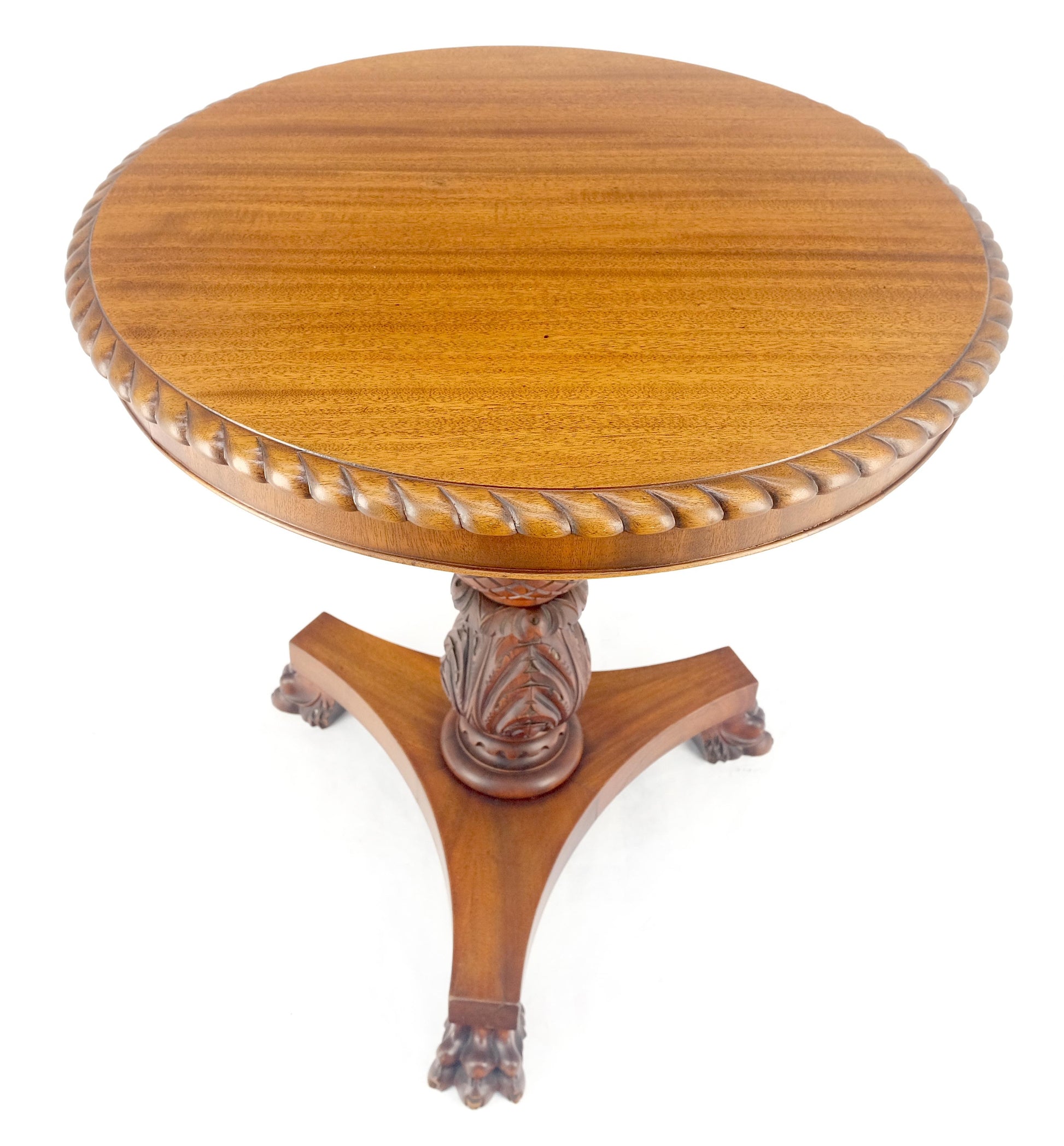 EstablishedLines Brown Mahogany 24" Round Carved Rope Edge Tripod Base Claw Feed Lamp Side Table