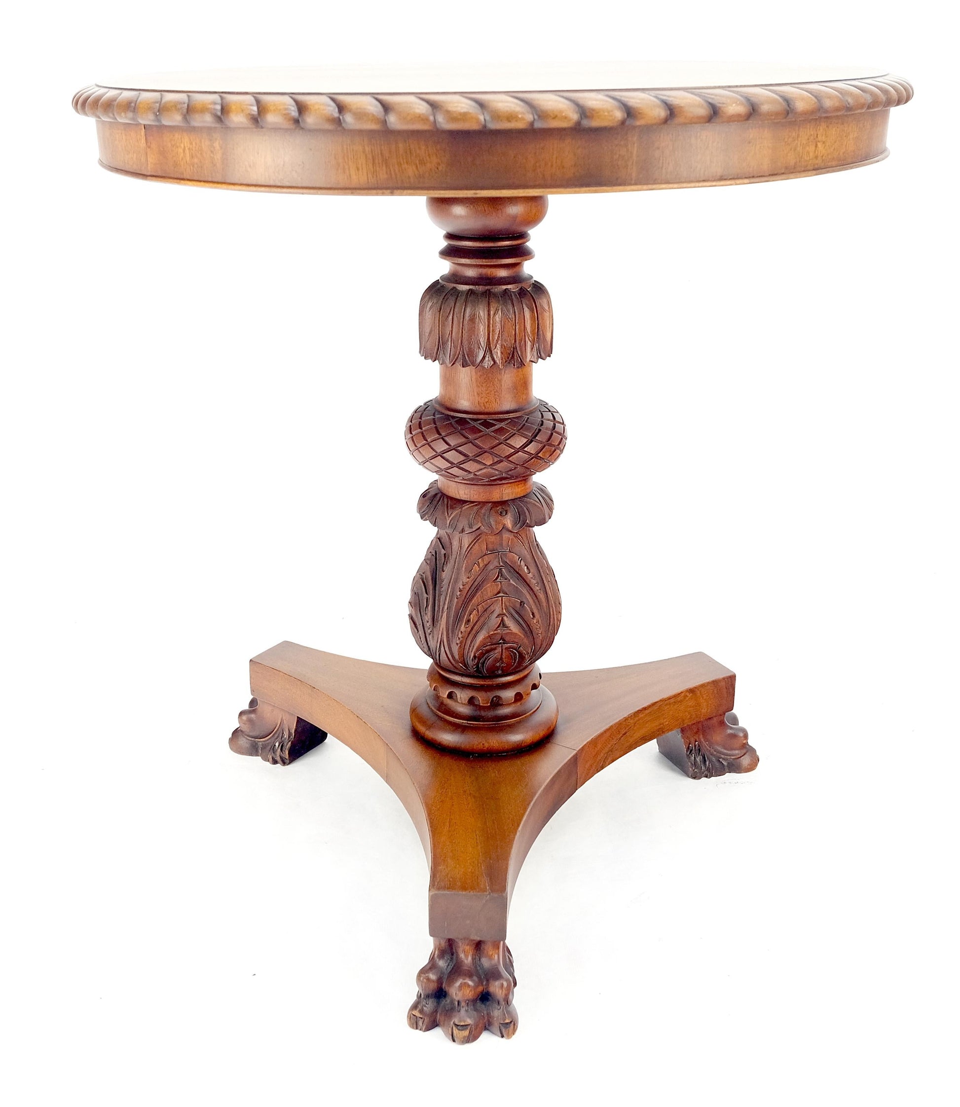 EstablishedLines Brown Mahogany 24" Round Carved Rope Edge Tripod Base Claw Feed Lamp Side Table