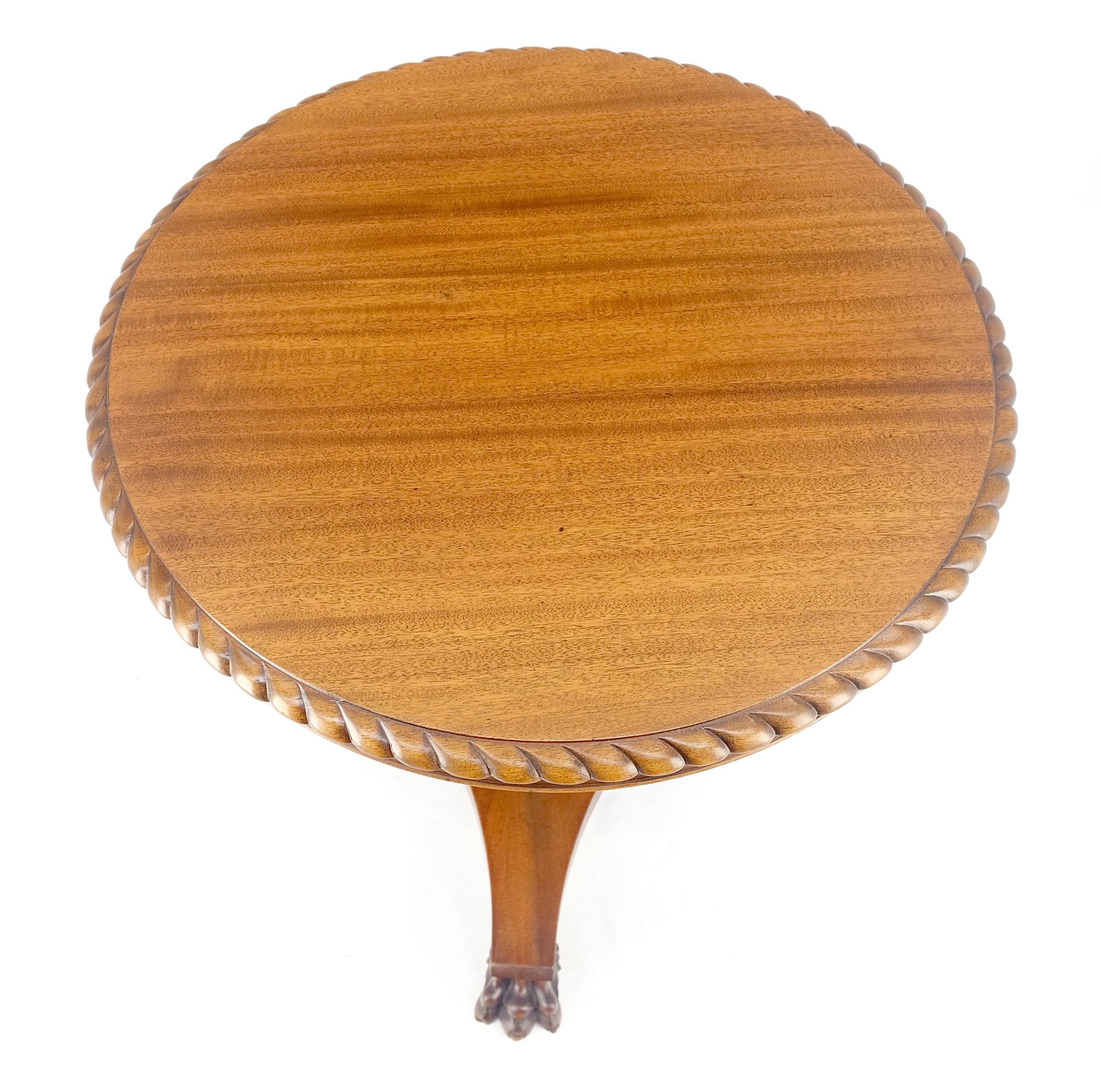 EstablishedLines Brown Mahogany 24" Round Carved Rope Edge Tripod Base Claw Feed Lamp Side Table