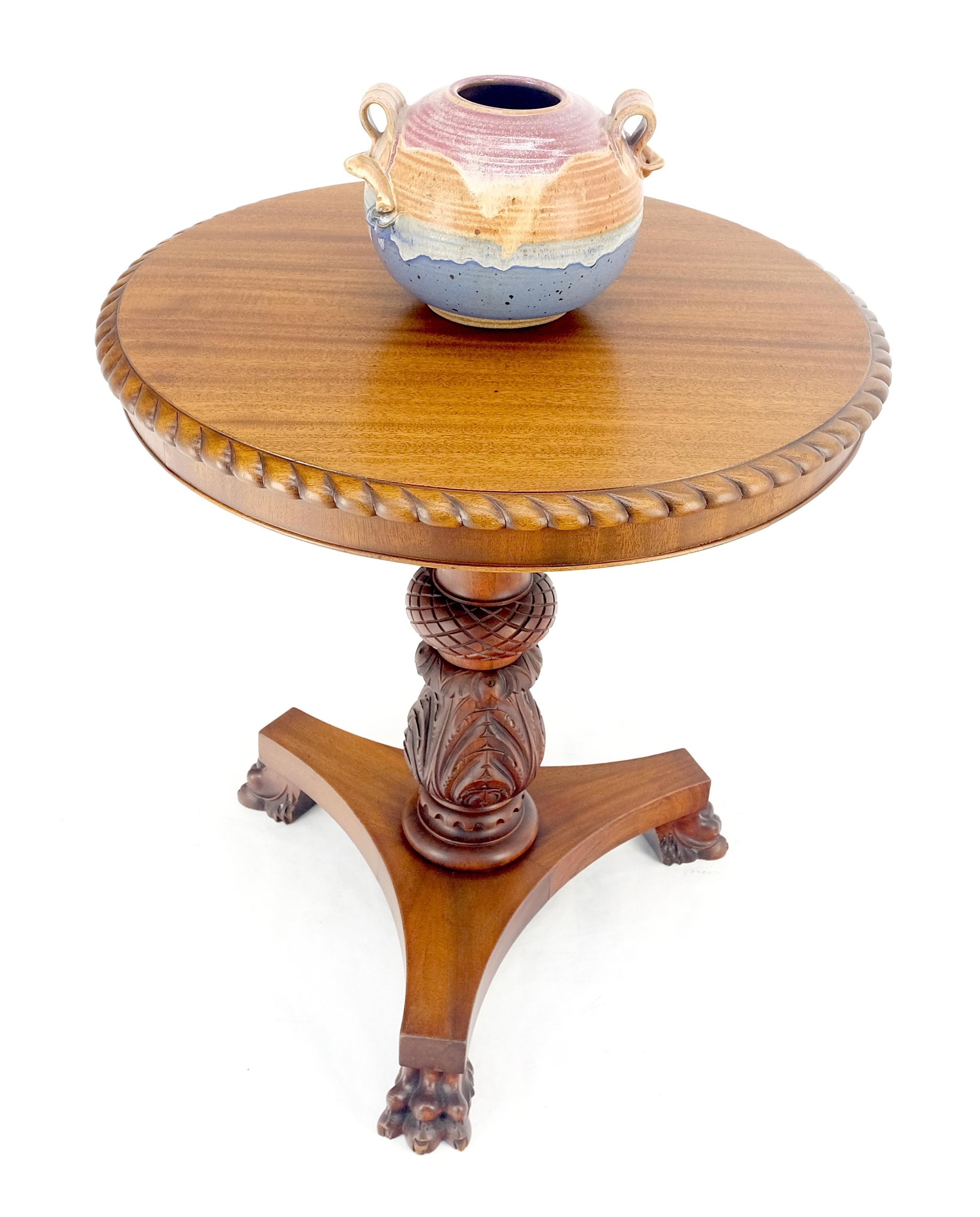 EstablishedLines Brown Mahogany 24" Round Carved Rope Edge Tripod Base Claw Feed Lamp Side Table