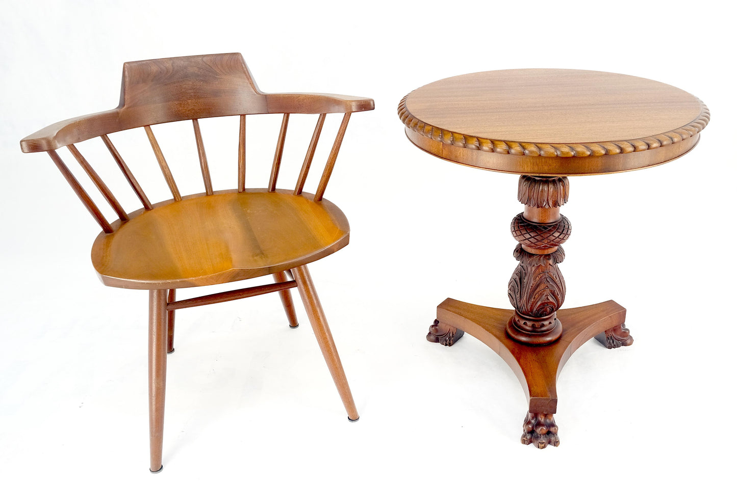 EstablishedLines Brown Mahogany 24" Round Carved Rope Edge Tripod Base Claw Feed Lamp Side Table