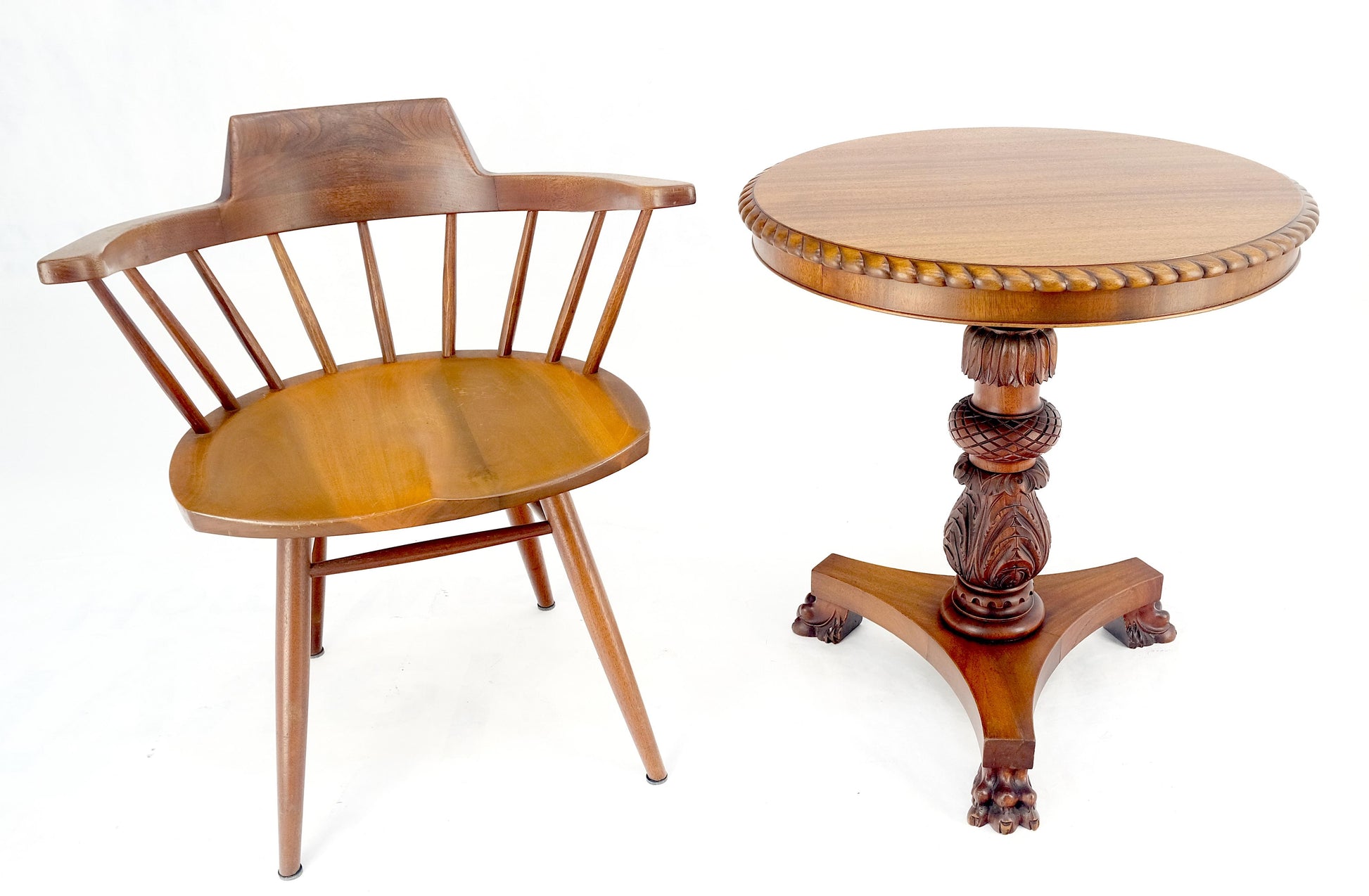 EstablishedLines Brown Mahogany 24" Round Carved Rope Edge Tripod Base Claw Feed Lamp Side Table