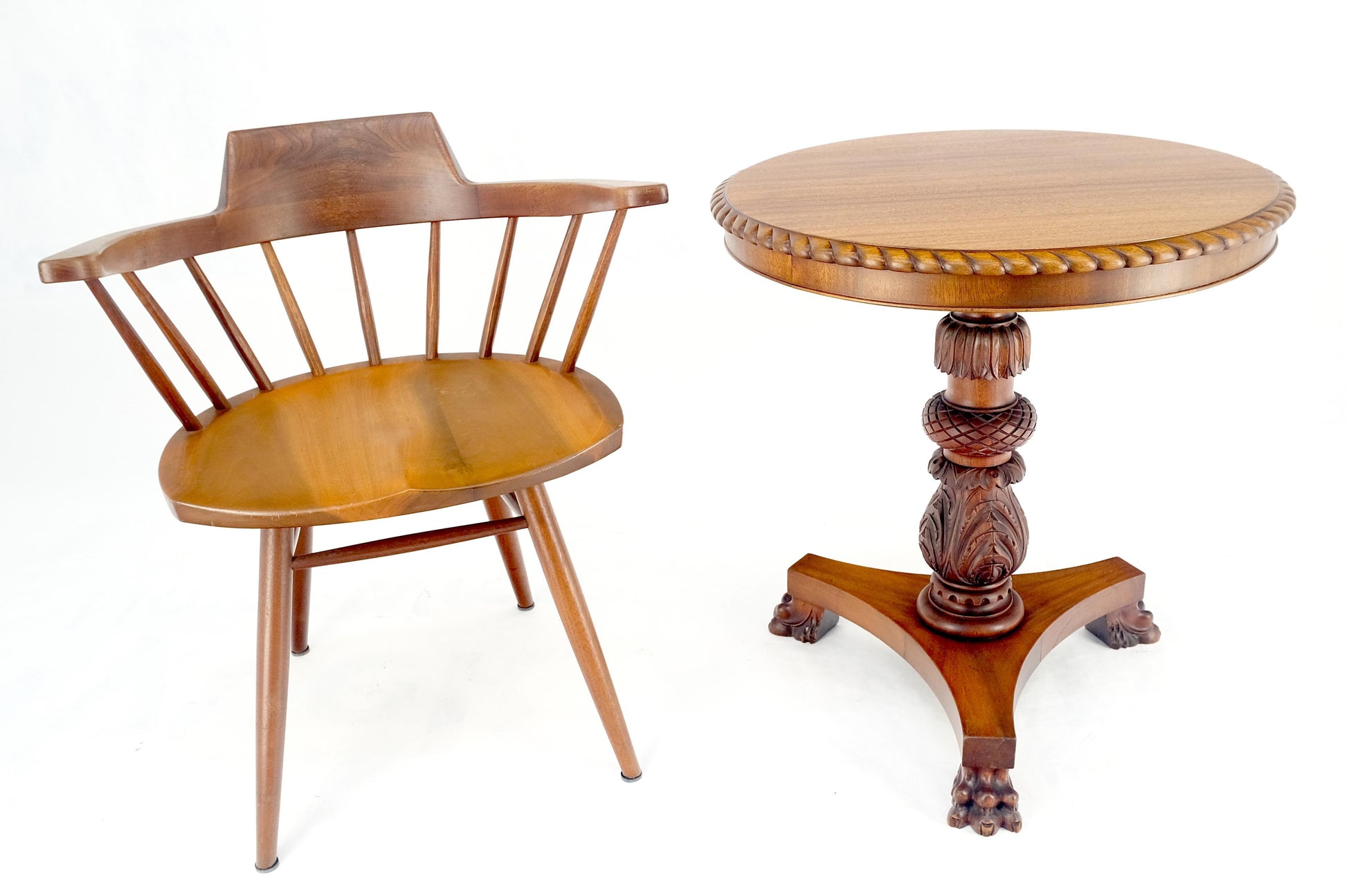 EstablishedLines Brown Mahogany 24" Round Carved Rope Edge Tripod Base Claw Feed Lamp Side Table