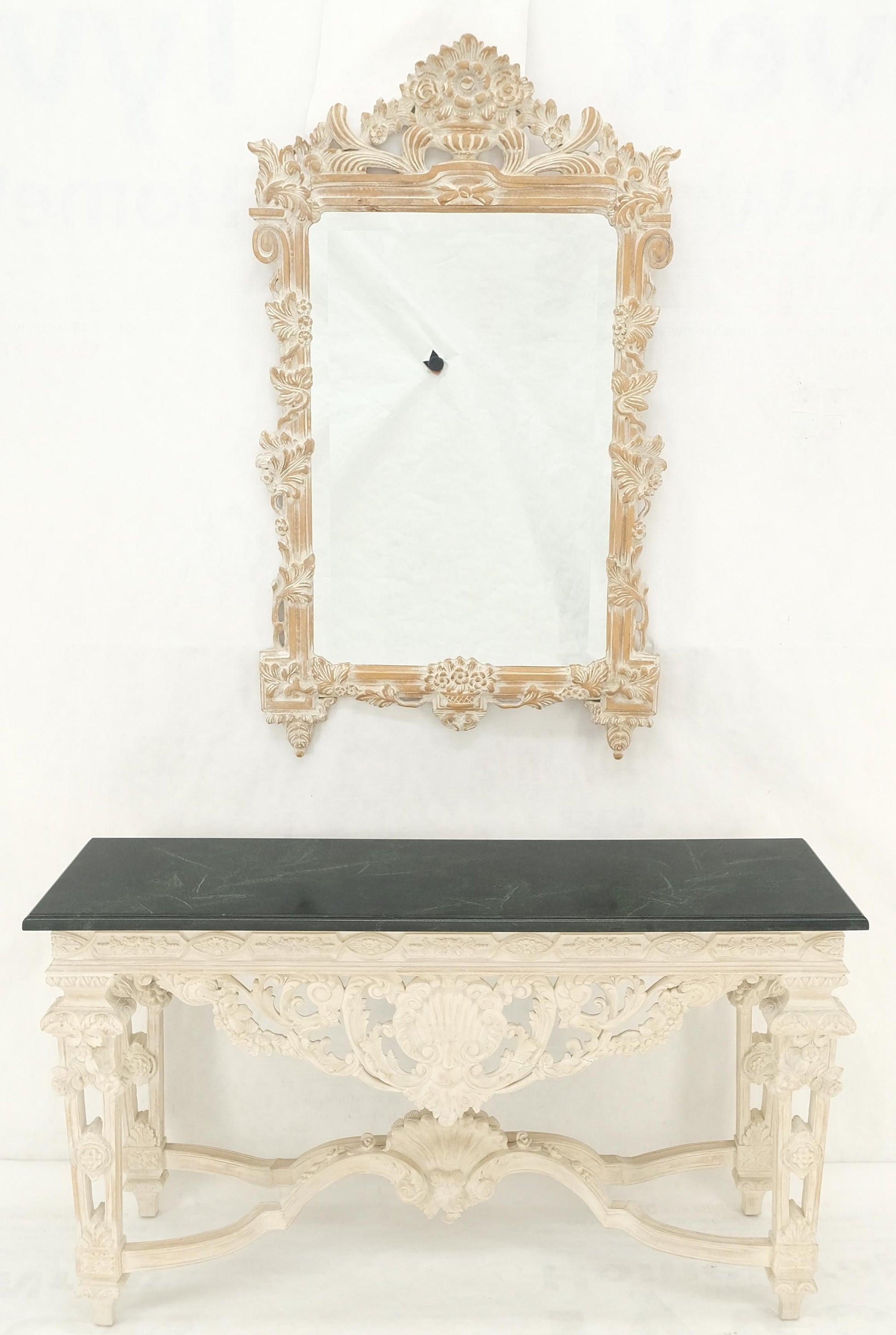 EstablishedLines Maitland Smith Carved White Wash Finish Wall Mirror Matching Console Table MINT!