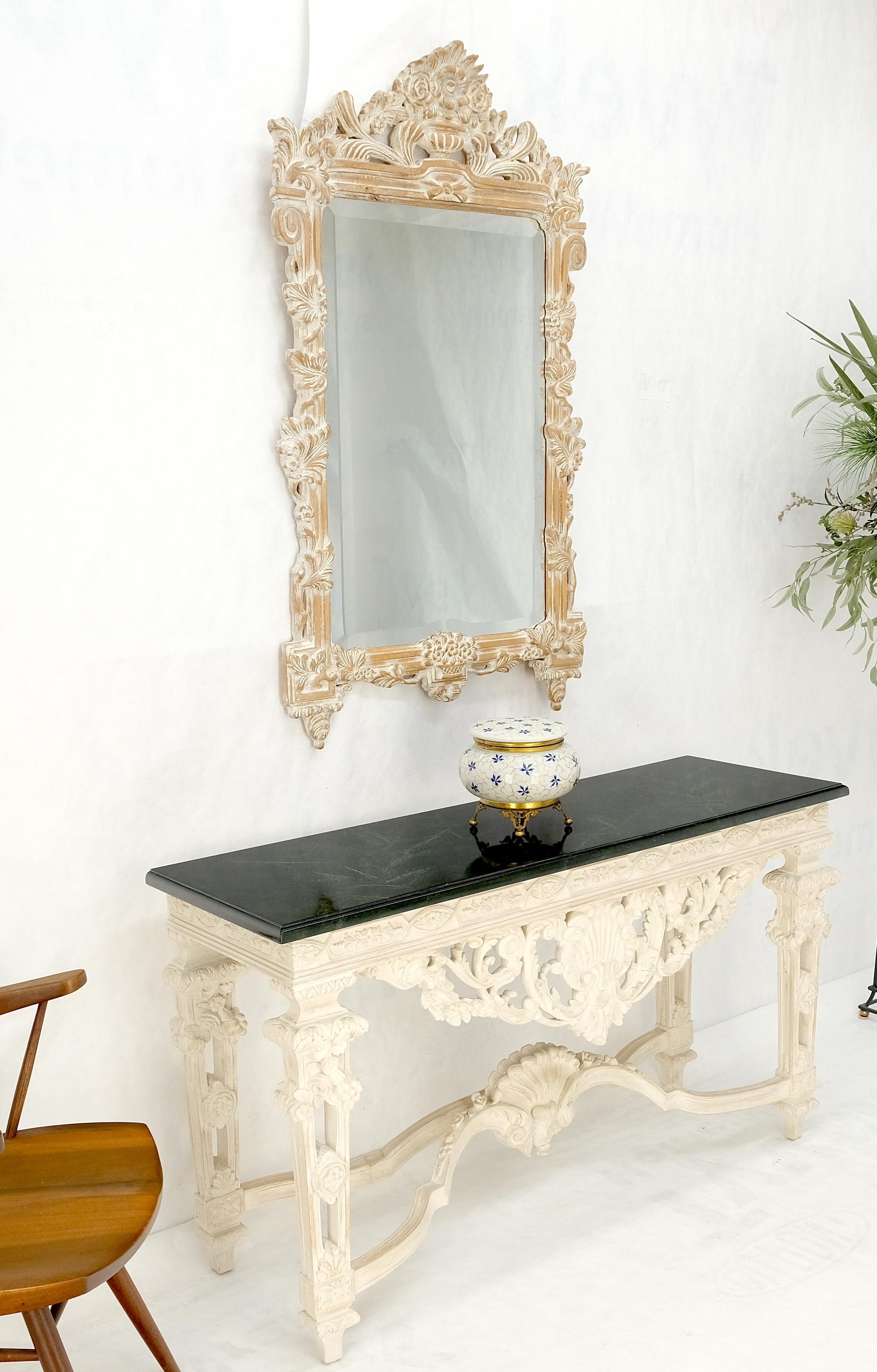 EstablishedLines Maitland Smith Carved White Wash Finish Wall Mirror Matching Console Table MINT!