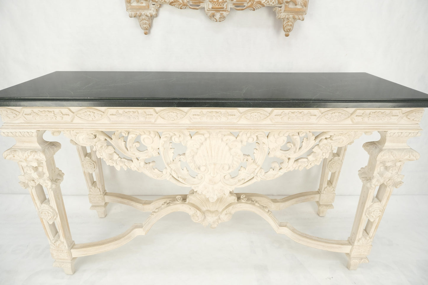 EstablishedLines Maitland Smith Carved White Wash Finish Wall Mirror Matching Console Table MINT!