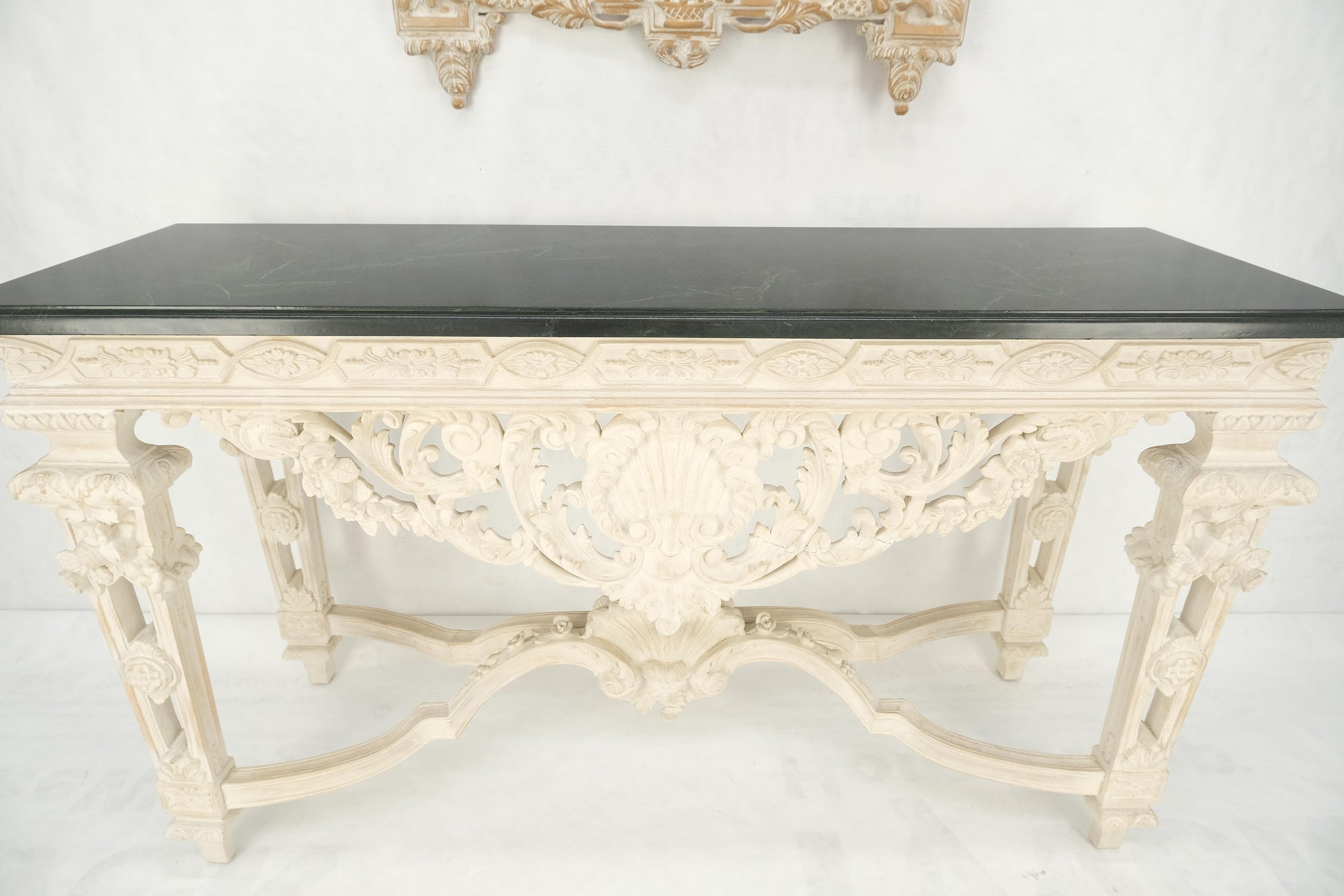 EstablishedLines Maitland Smith Carved White Wash Finish Wall Mirror Matching Console Table MINT!
