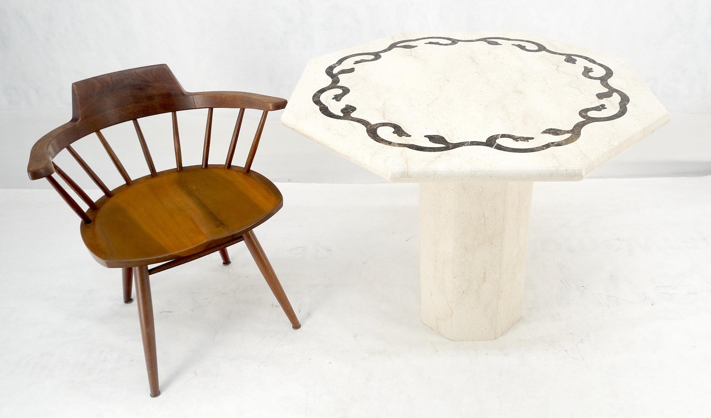 EstablishedLines Single Pedestal Solid Italian Marble Inlayed Top Dining Center Game Table MINT