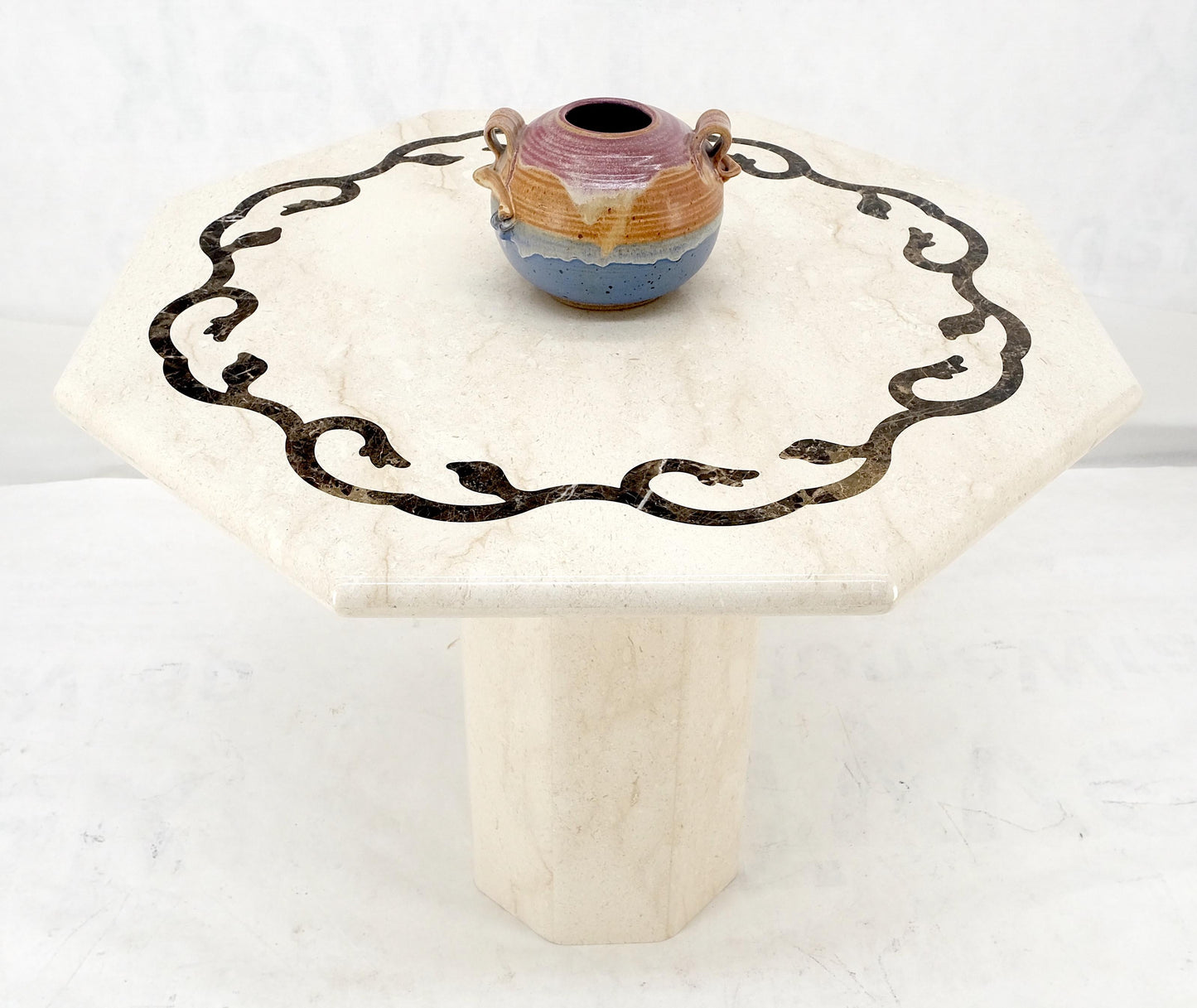 EstablishedLines Single Pedestal Solid Italian Marble Inlayed Top Dining Center Game Table MINT