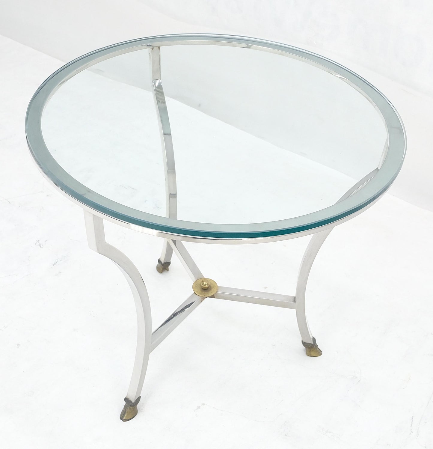 EstablishedLines Stainless Steel Italian 24" Round Glass Top Brass Hoof Feet End Side Lamp Table