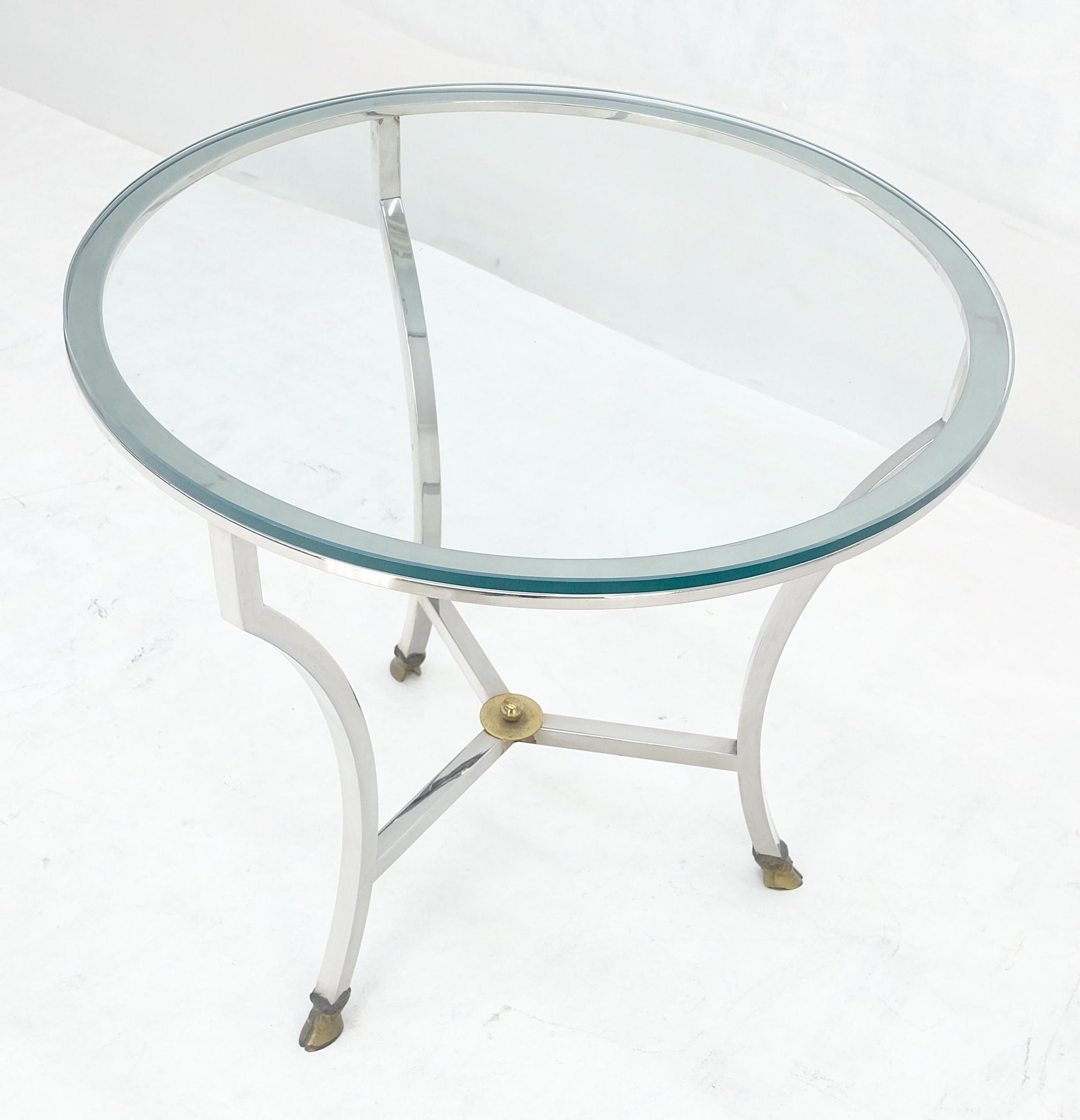 EstablishedLines Stainless Steel Italian 24" Round Glass Top Brass Hoof Feet End Side Lamp Table
