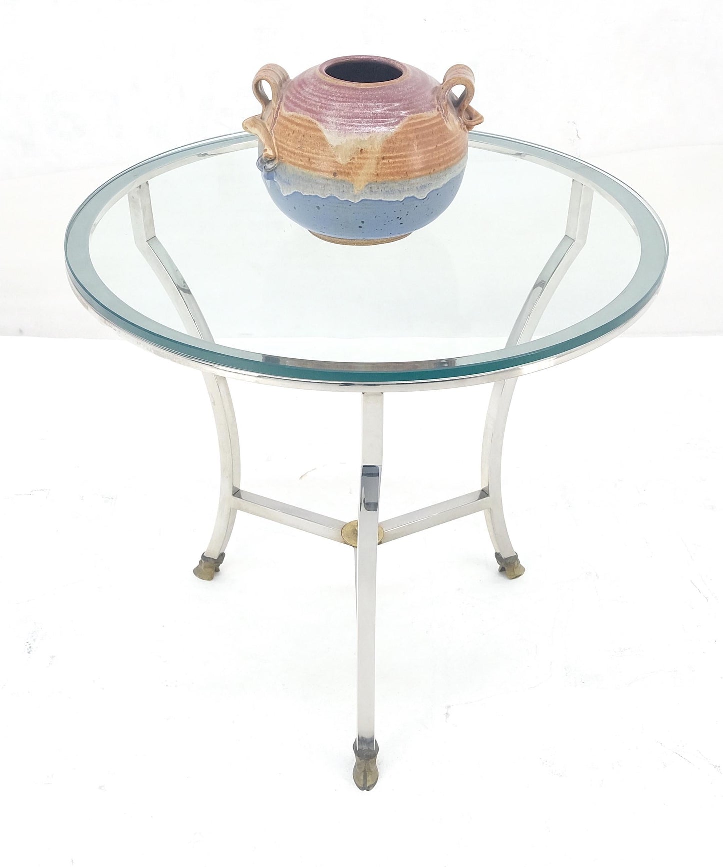 EstablishedLines Stainless Steel Italian 24" Round Glass Top Brass Hoof Feet End Side Lamp Table