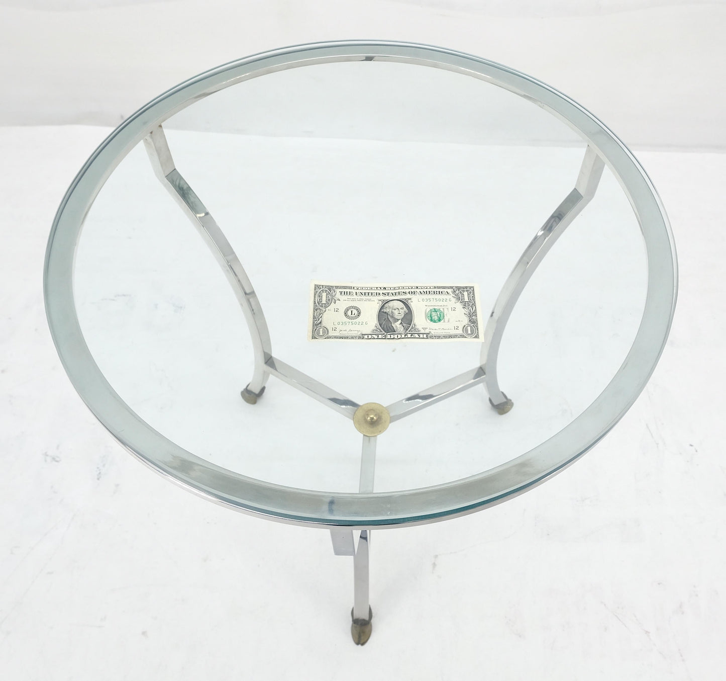 EstablishedLines Stainless Steel Italian 24" Round Glass Top Brass Hoof Feet End Side Lamp Table