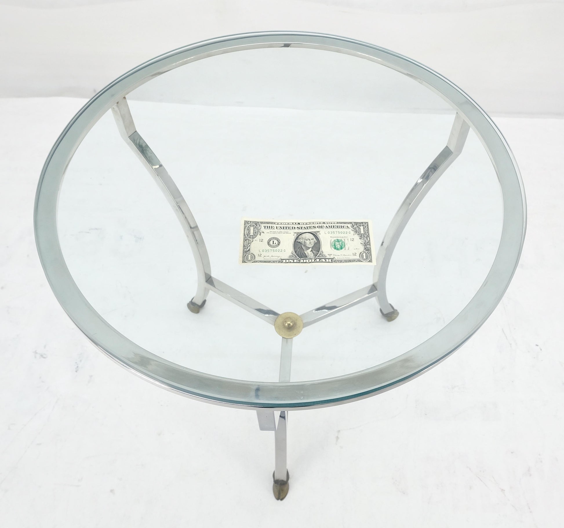 EstablishedLines Stainless Steel Italian 24" Round Glass Top Brass Hoof Feet End Side Lamp Table