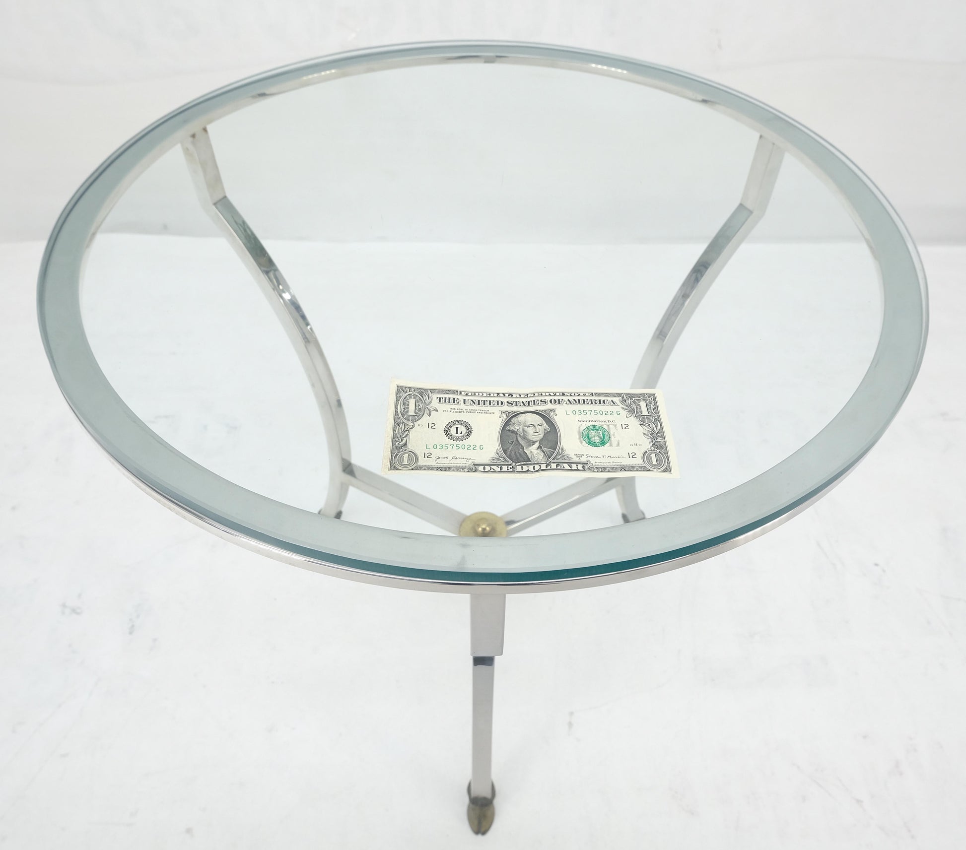 EstablishedLines Stainless Steel Italian 24" Round Glass Top Brass Hoof Feet End Side Lamp Table
