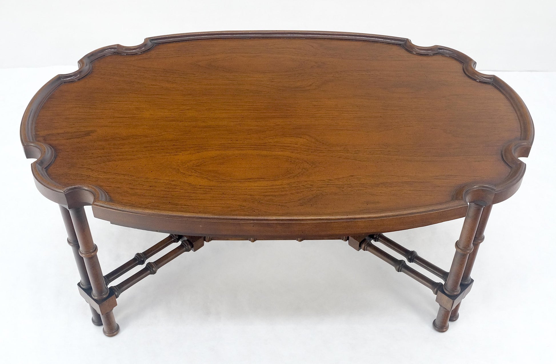 EstablishedLines Faux Bamboo Walnut Oval Shield Shape Compact 37" Long Coffee Side Table MINT