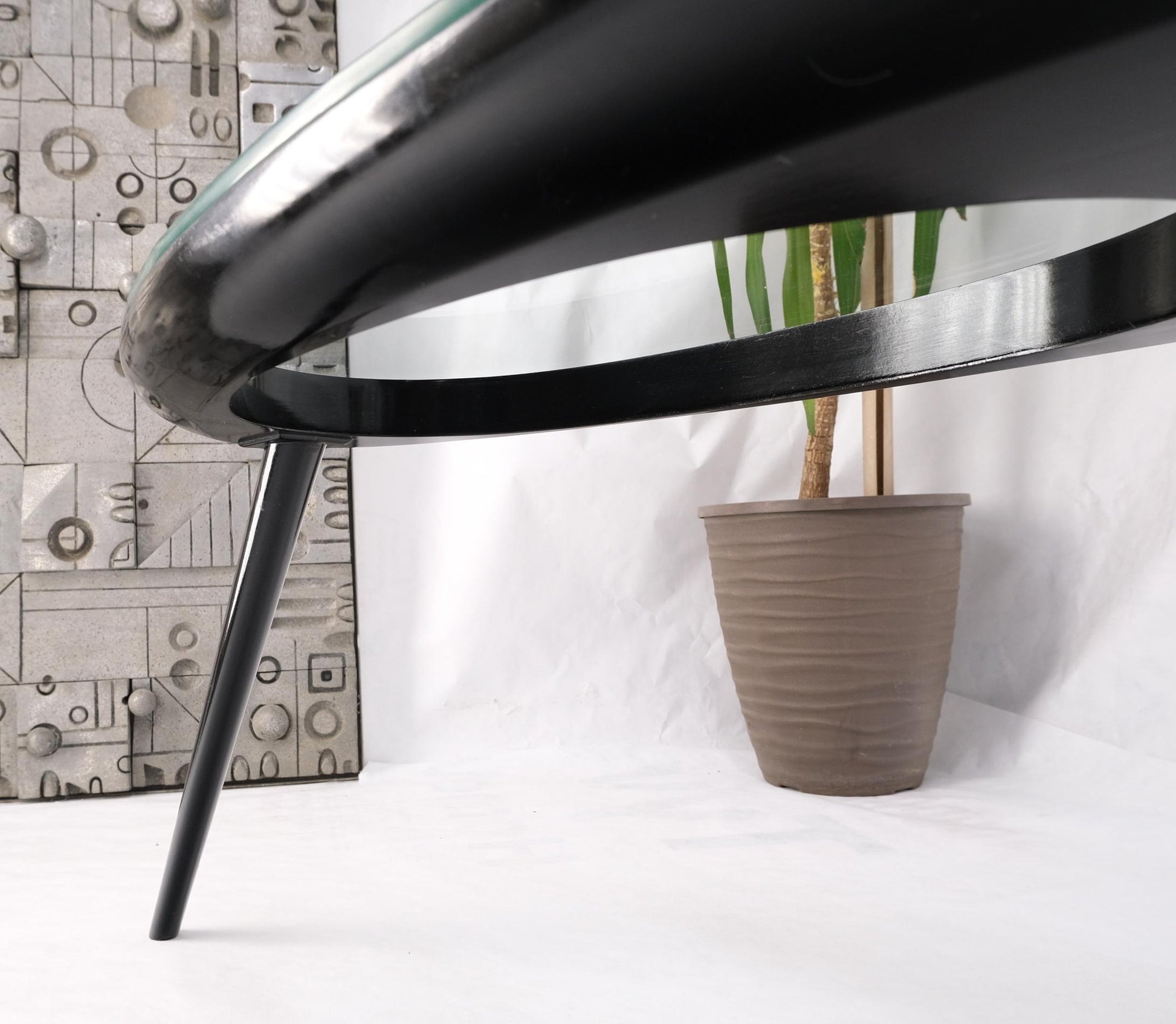 EstablishedLines Pair Glass Top Black Lacquer Oval Pierced Shape Solid Tops End Side Tables Stand