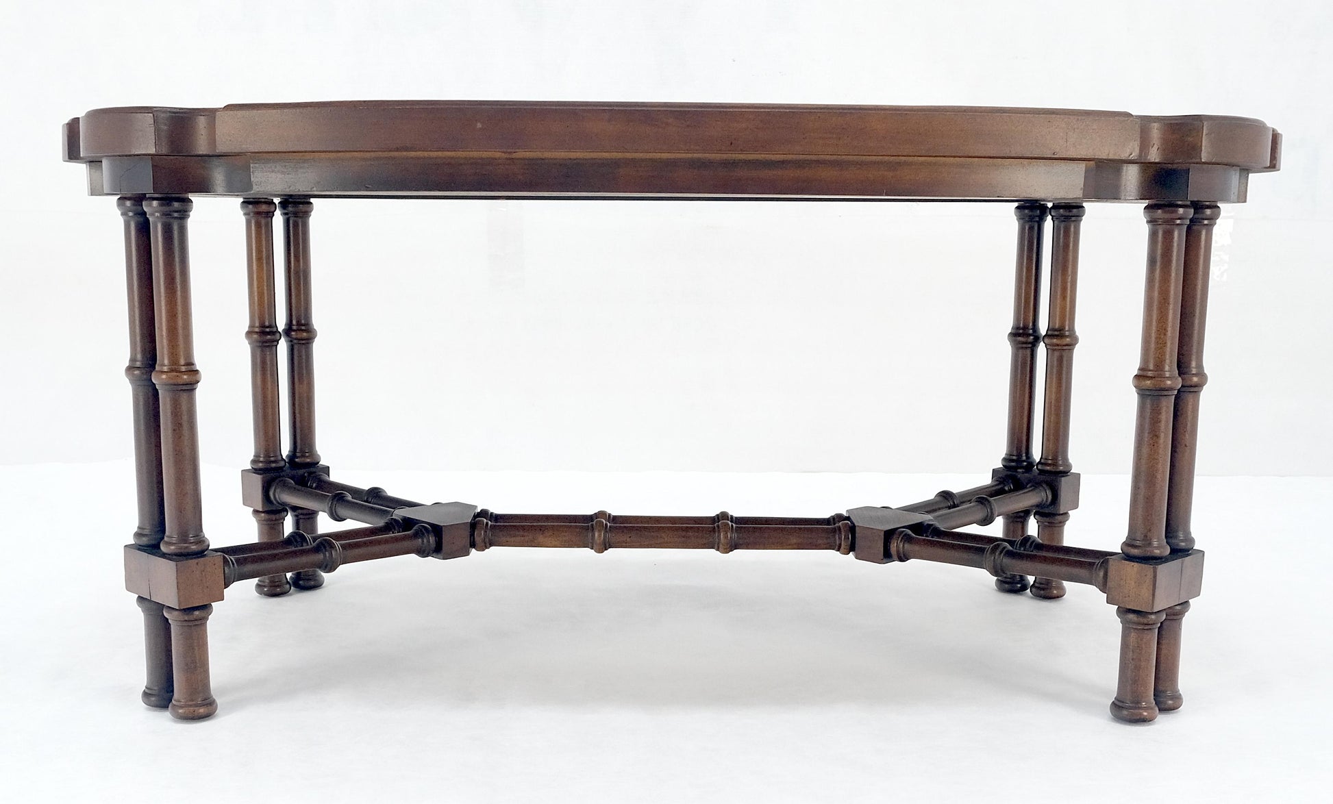 EstablishedLines Faux Bamboo Walnut Oval Shield Shape Compact 37" Long Coffee Side Table MINT