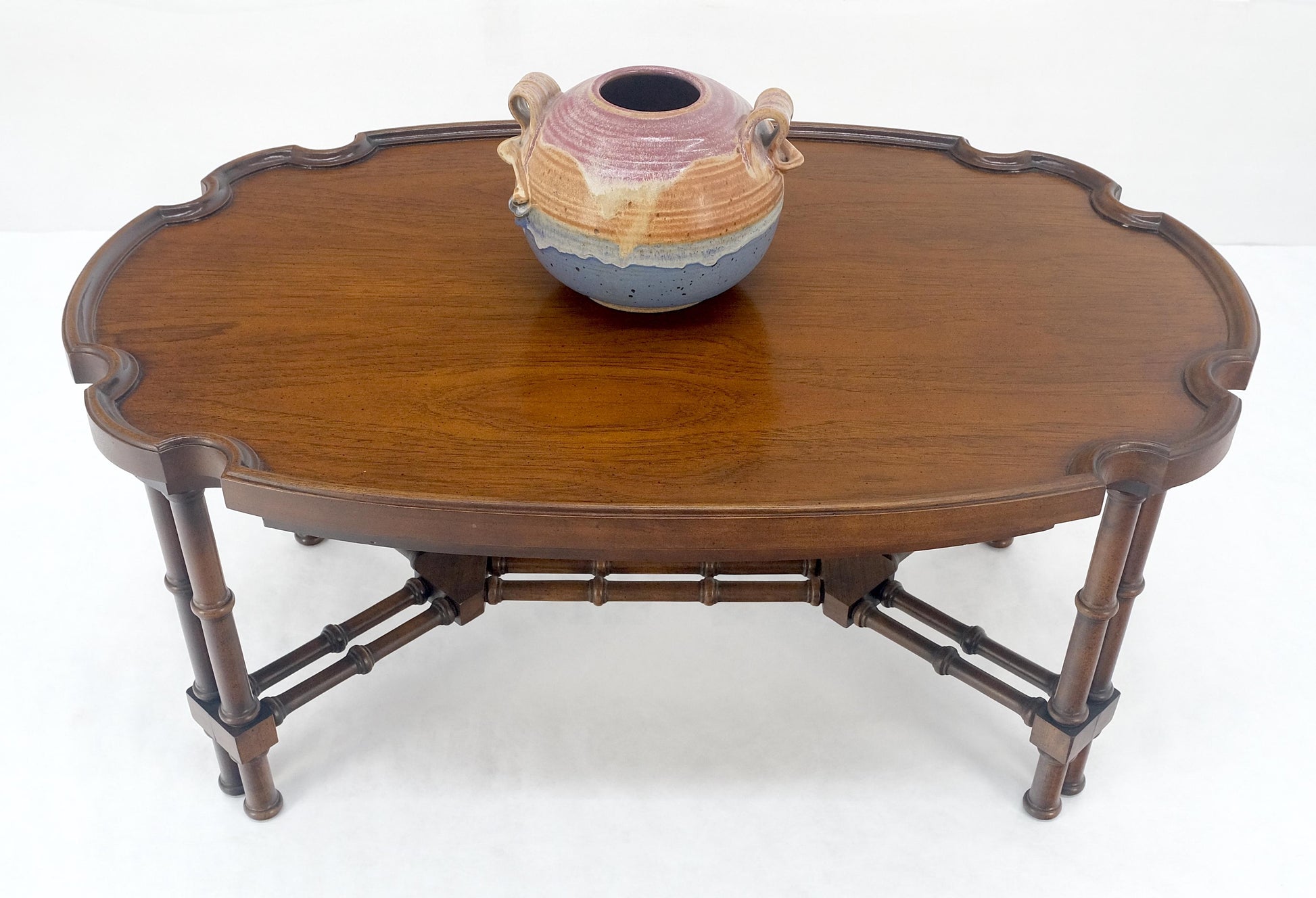 EstablishedLines Faux Bamboo Walnut Oval Shield Shape Compact 37" Long Coffee Side Table MINT