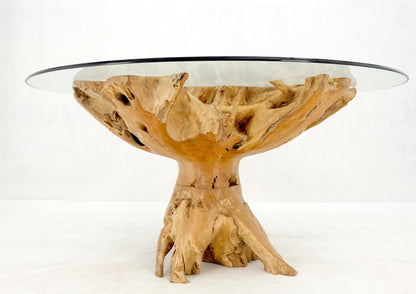 Large Natural Specimen Turned Drift Wood Base Round Glass Top Dining Table MINT!