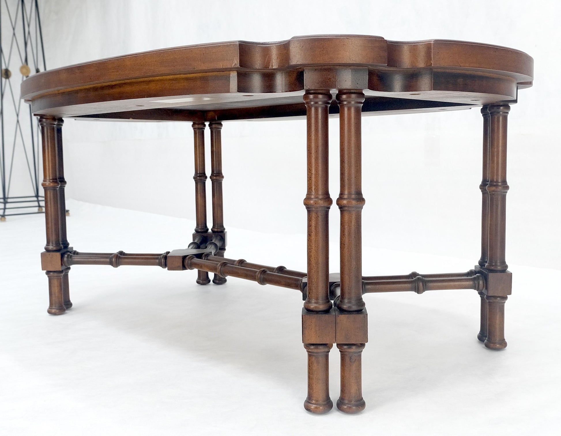 EstablishedLines Faux Bamboo Walnut Oval Shield Shape Compact 37" Long Coffee Side Table MINT