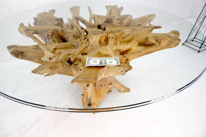 Large Natural Specimen Turned Drift Wood Base Round Glass Top Dining Table MINT!