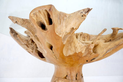 Large Natural Specimen Turned Drift Wood Base Round Glass Top Dining Table MINT!