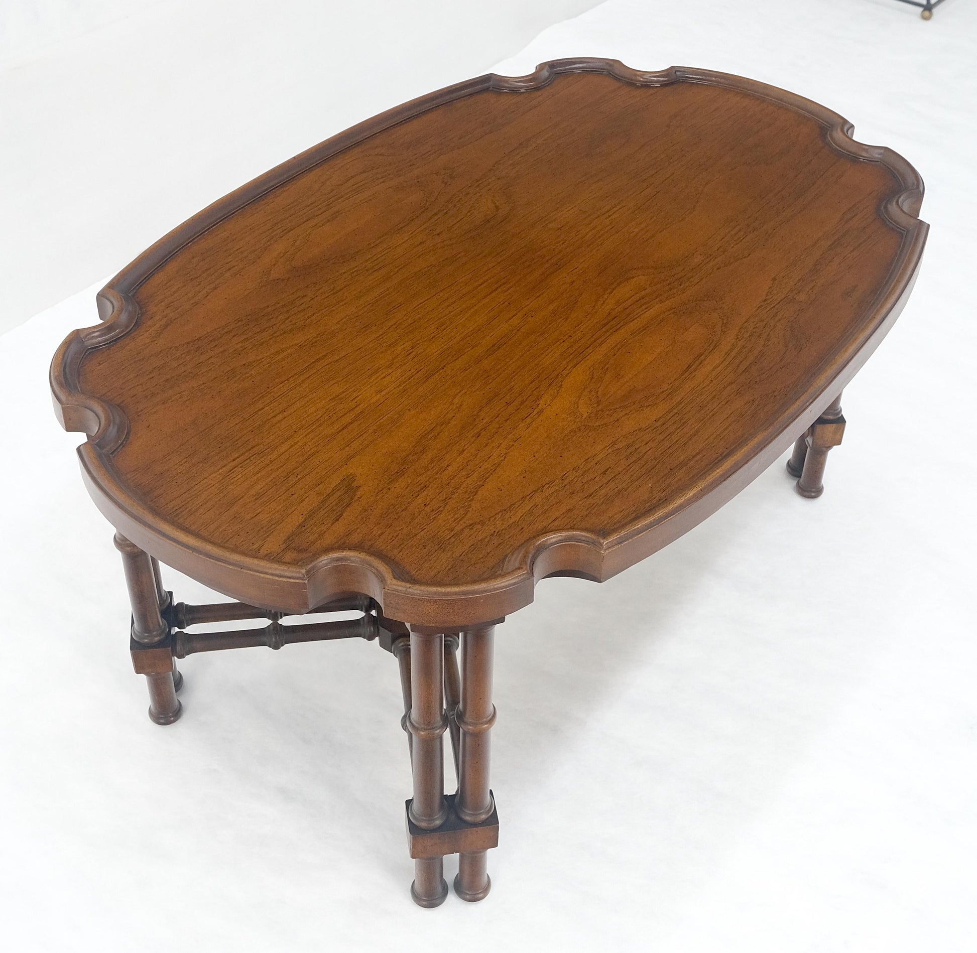 EstablishedLines Faux Bamboo Walnut Oval Shield Shape Compact 37" Long Coffee Side Table MINT