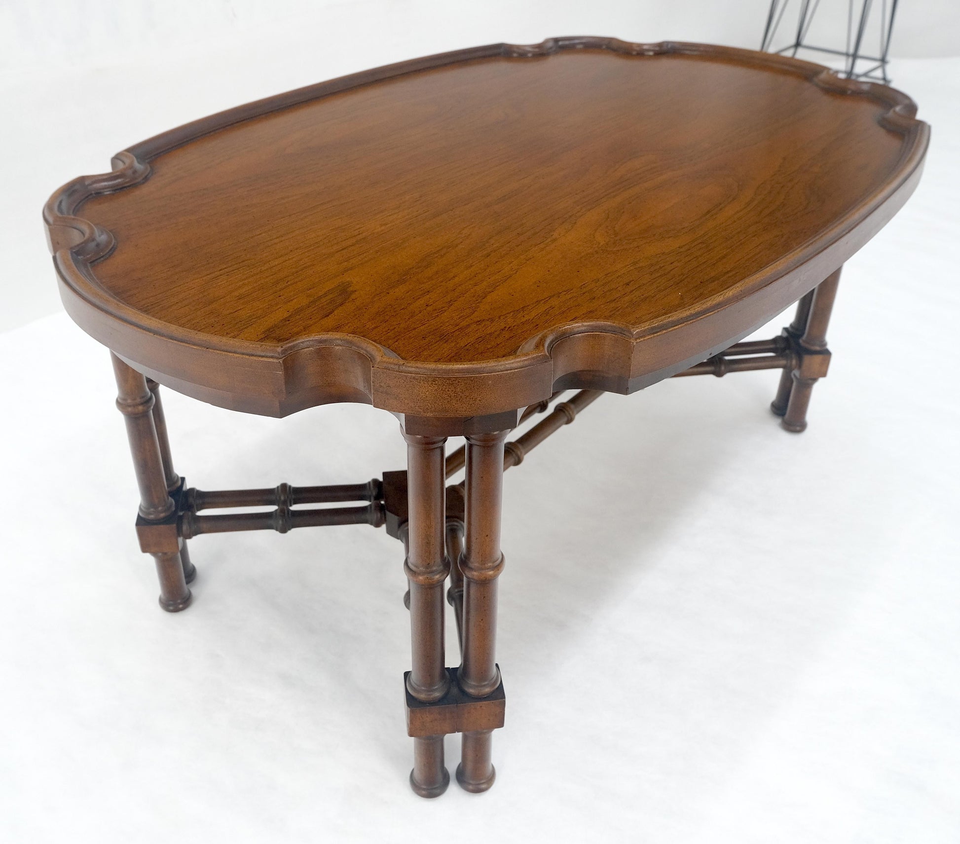 EstablishedLines Faux Bamboo Walnut Oval Shield Shape Compact 37" Long Coffee Side Table MINT