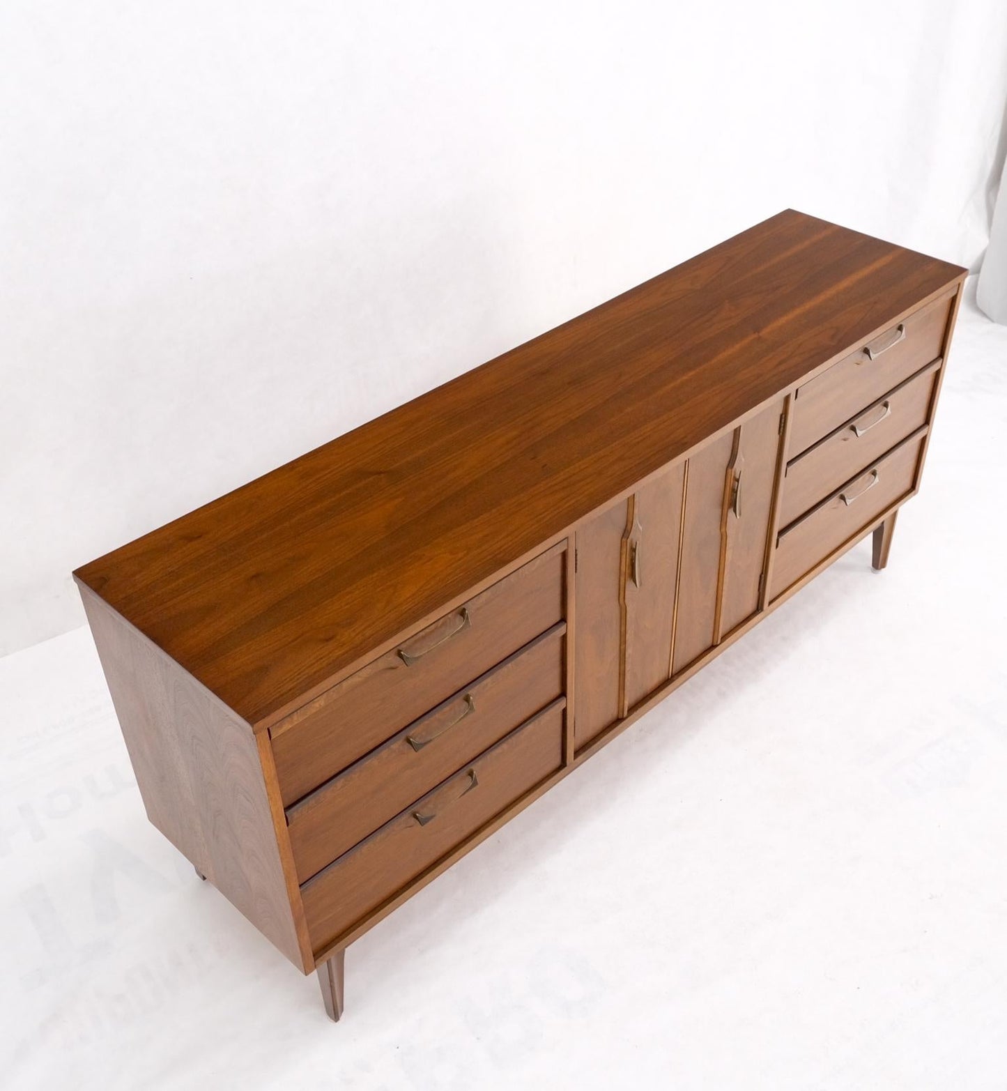 EstablishedLines Long Walnut 9 Drawers Two Doors Mid-Century Modern Dresser Credenza Burl Accents