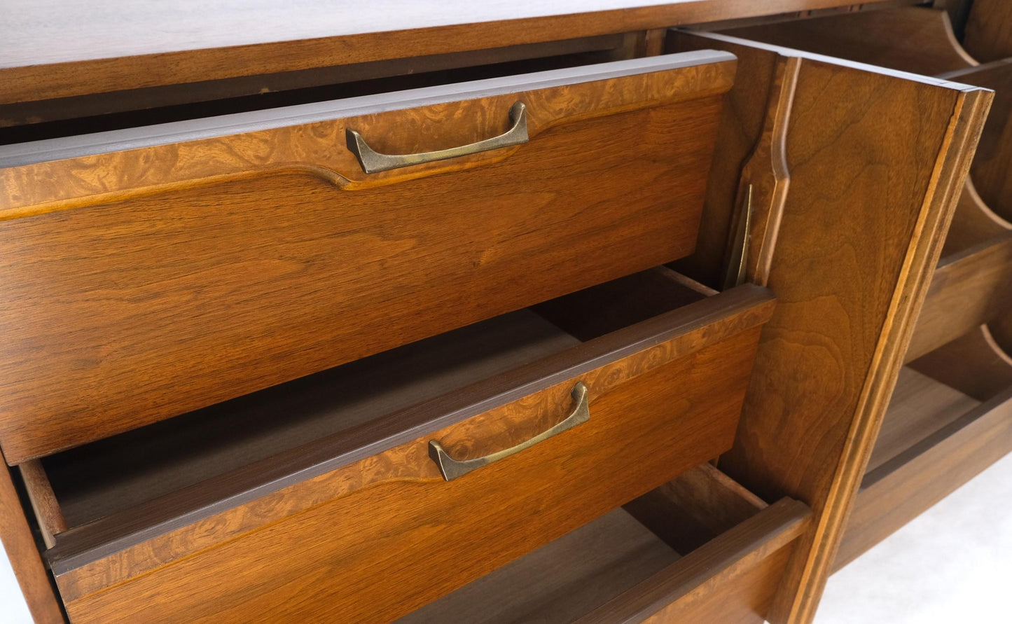 EstablishedLines Long Walnut 9 Drawers Two Doors Mid-Century Modern Dresser Credenza Burl Accents