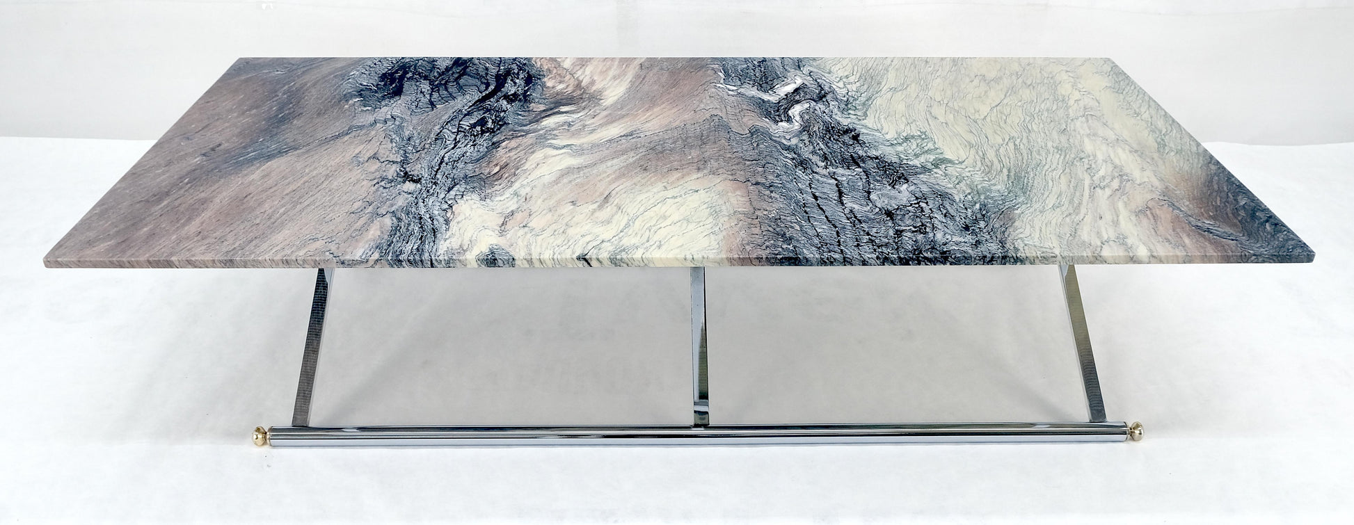 EstablishedLines Mid Century Modern Chrome X-Shape & Brass Base 32x67 Marble Top Coffee Table