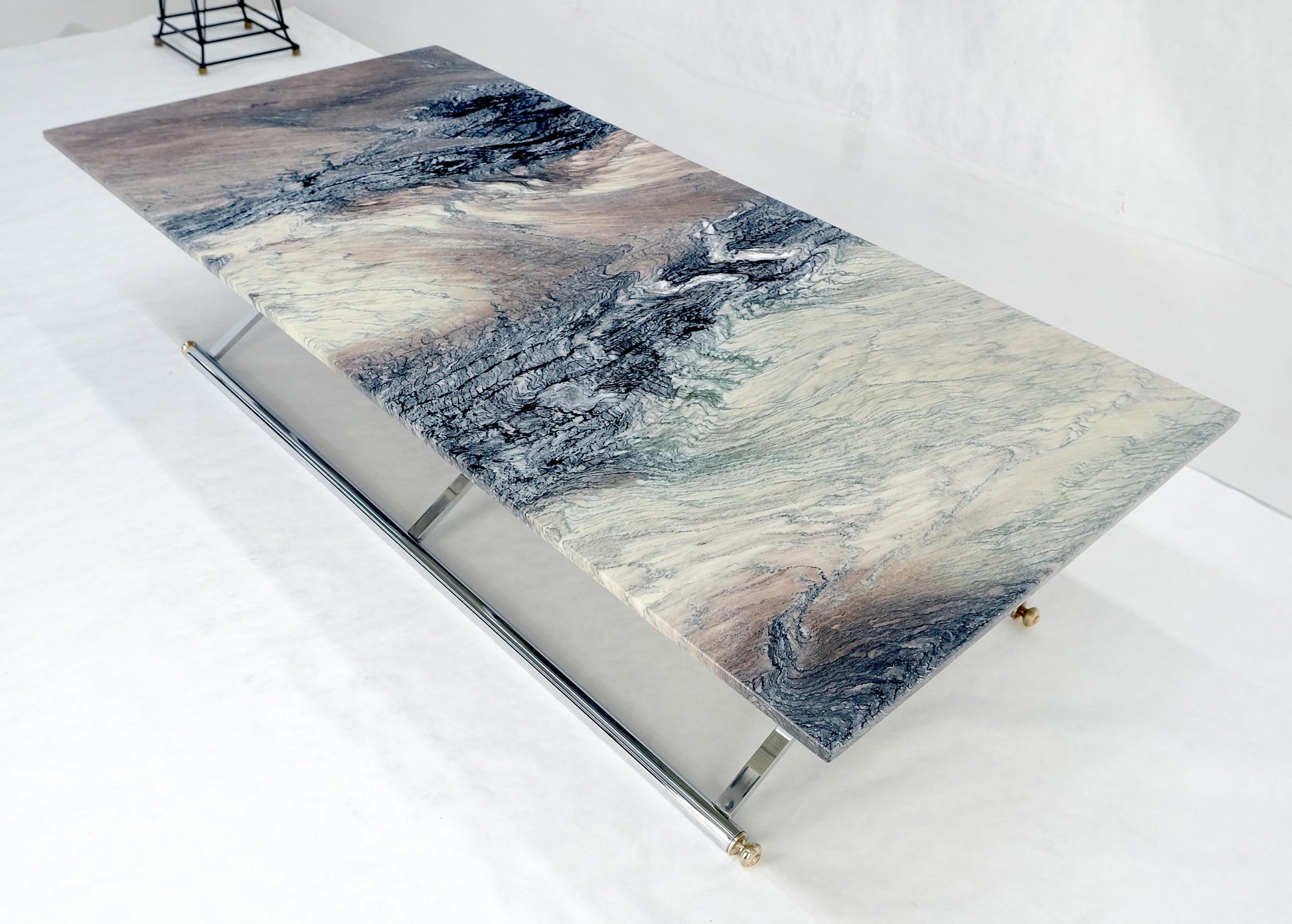 EstablishedLines Mid Century Modern Chrome X-Shape & Brass Base 32x67 Marble Top Coffee Table
