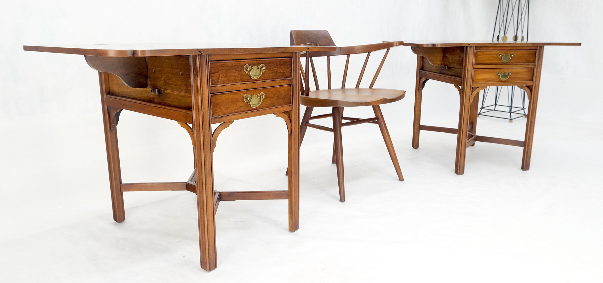 EstablishedLines Pair Solid Cherry Drop Leaf Brass Hardware "Y" Stretches End Side Tables MINT!